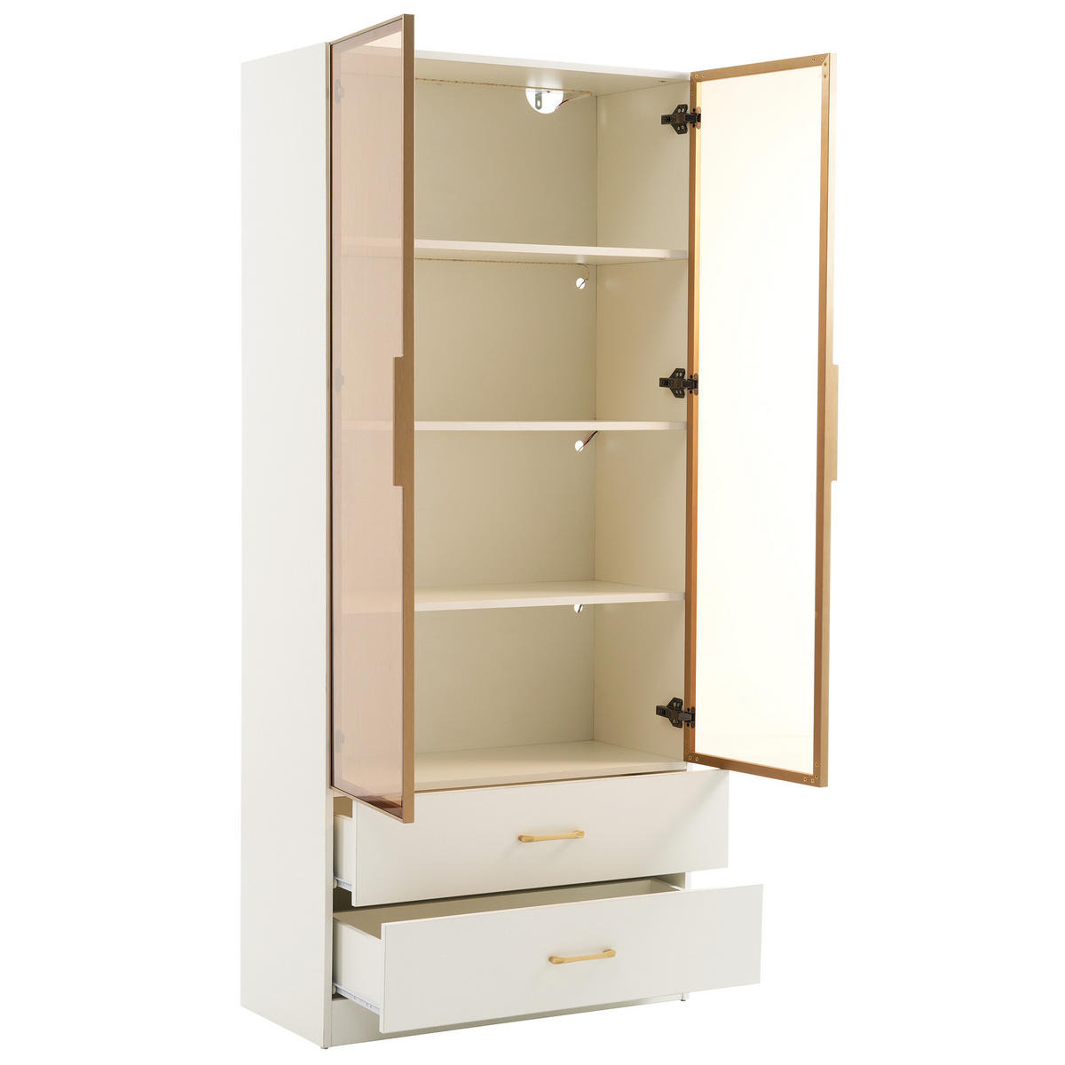 BADSCHRANK in Weiß Highboard mit LED-Lichtleiste Glastür 2 große Schubladen 2 Türen , B75/T34.5/H170cm - Weiß, Glas/Holzwerkstoff (75/170/34.5cm) - STILVORA