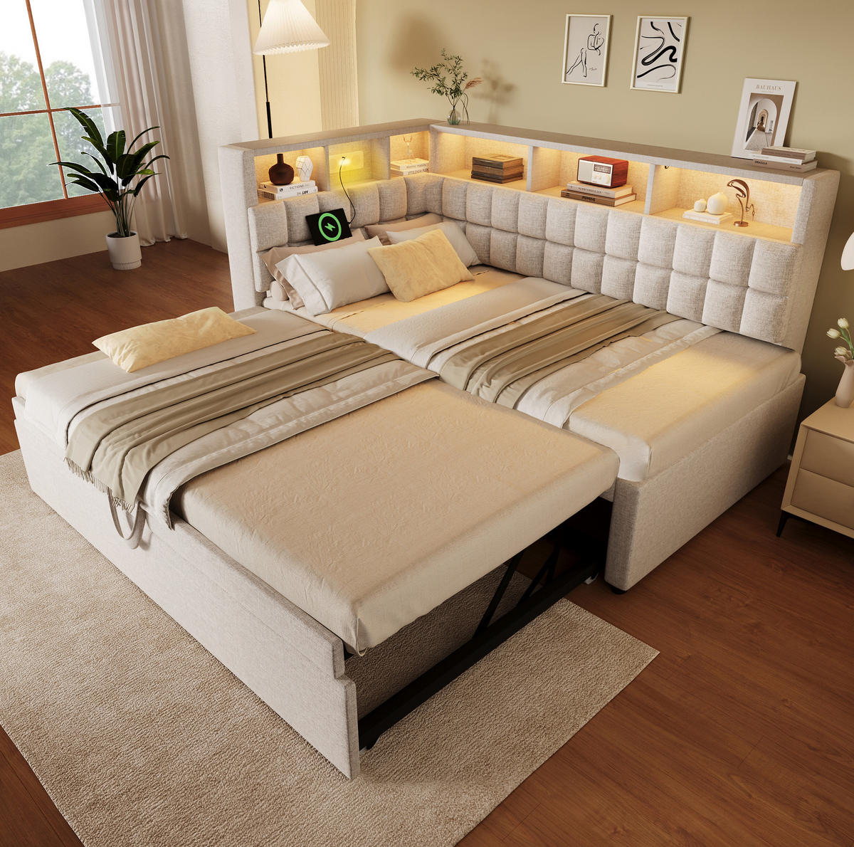 POLSTERBETT 90/200 cm mit Ausziehbett, LED, Bluetooth-Lautsprecher, USB-A/USB-C und Stauraum, Leinenoptik, Beige - Beige, Textil (90/200cm) - Redom