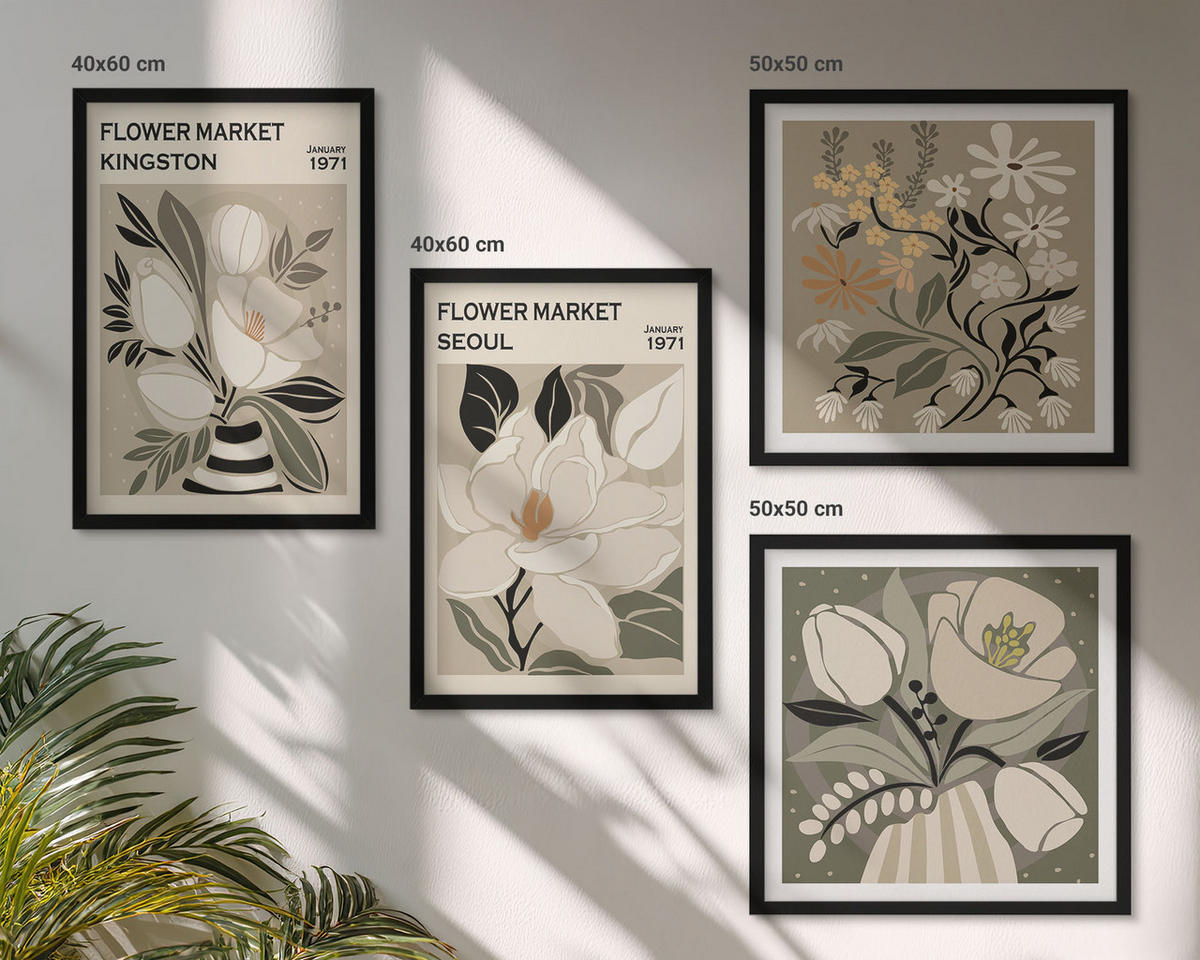 WANDBILDER 4er-Set - 50x50 cm & 40x60 cm Schwarzer Rahmen - Kingston Seoul Retro-Blumen - Schwarz, Kunststoff (50/50cm) - ArtPrintCave