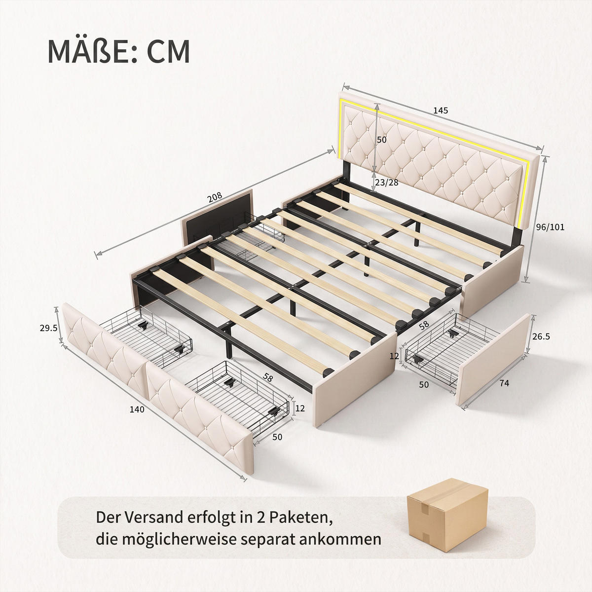 POLSTERBETT 140x200 mit RGB-LED, doppelbett mit 4 Schublade, Stauraum und Lattenrost, jugendbett 140x200 cm, PU, Ecru - Ecru, Leder/Holz (140/200cm) - GENKI LIVING