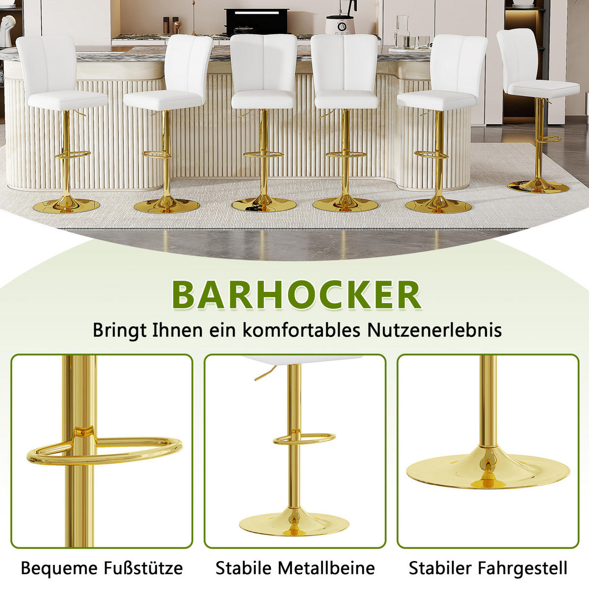 BARHOCKER 2er-Set Weiß/Gold höhenverstellbar und 360° drehbar - Weiß, Metall (44/117.5/44.5cm) - MIVRAY
