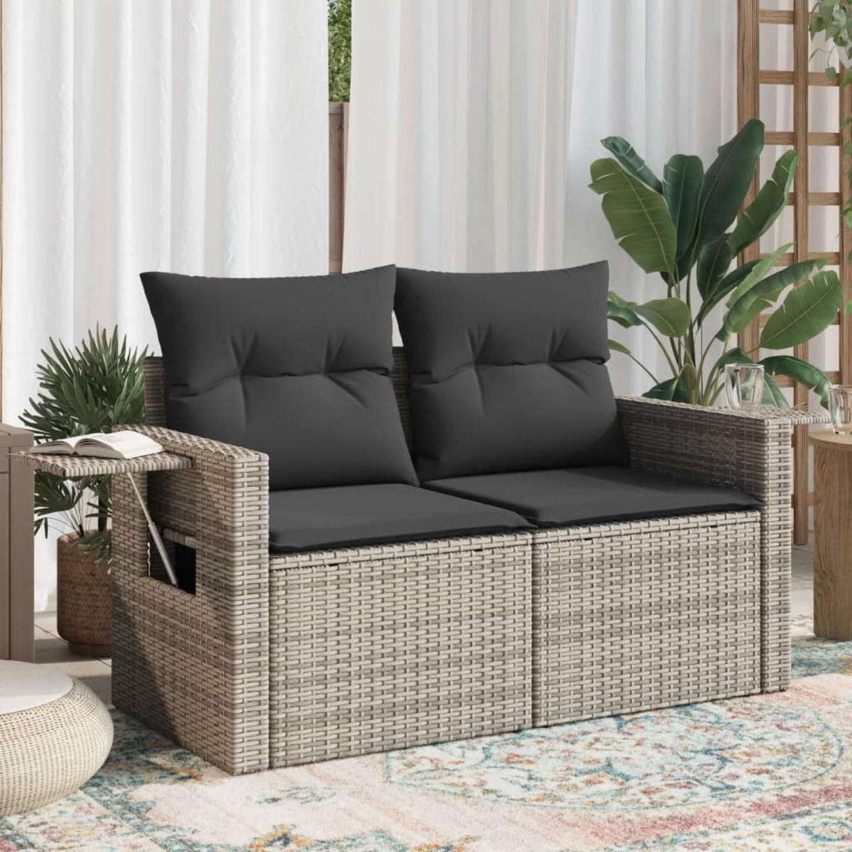 GARTENSOFA 2-Sitzer Mit Kissen Grau Poly Rattan - Grau, Kunststoff (124/69/62cm) - vidaXL