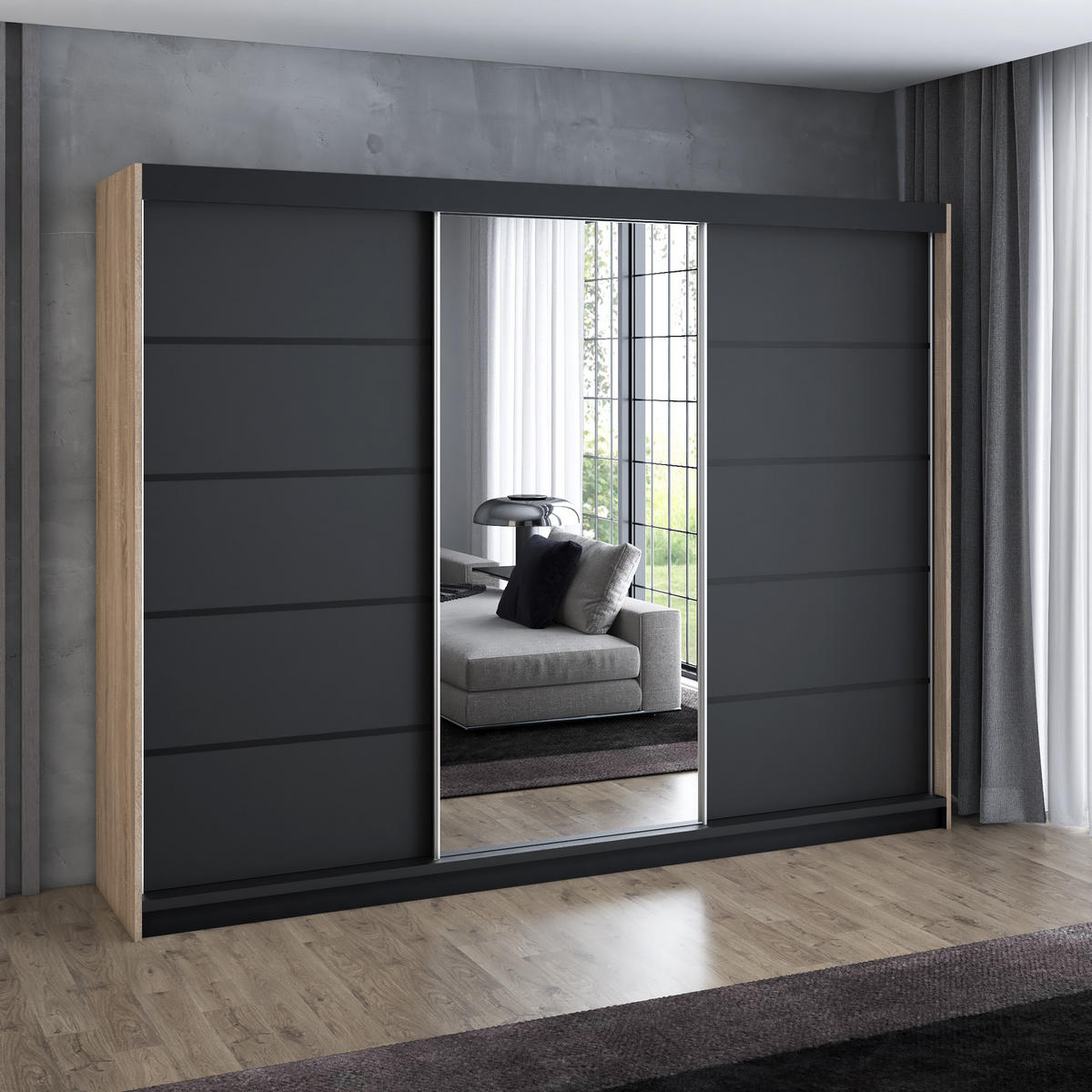 SCHWEBETÜRENSCHRANK 200 cm VILUNO 4 Farbe:Sonoma,Schwarz - Schwarz/Braun, Holzwerkstoff (200/215/59.5cm) - A&J MöbelLand