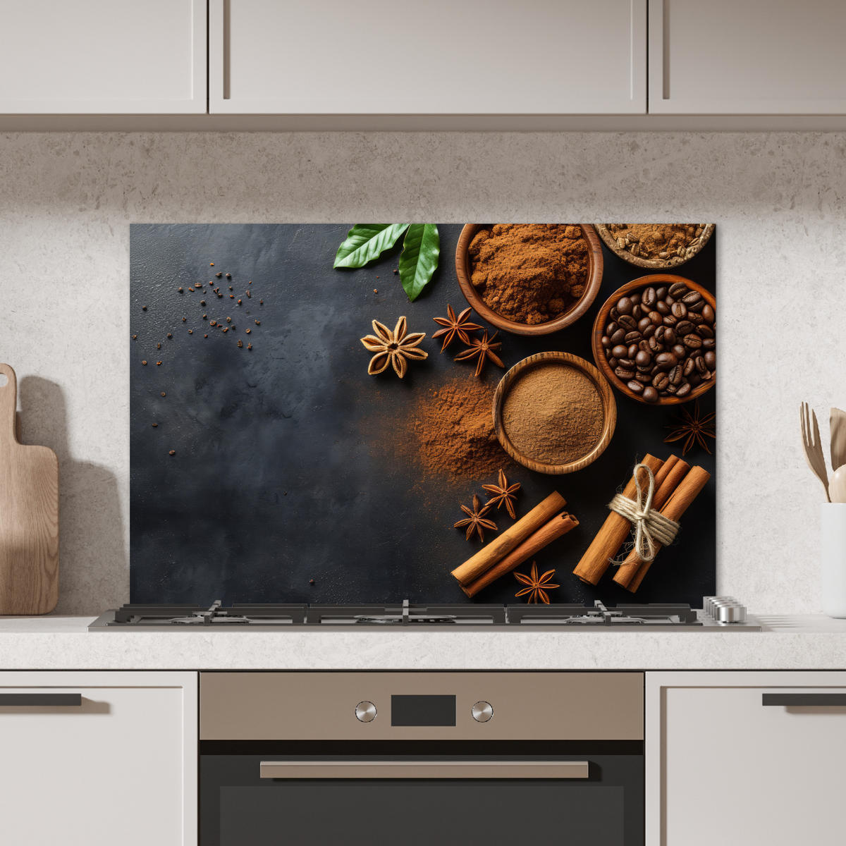 SPRITZSCHUTZ KÜCHE Zimt - Beton - Kaffee - Zimtstangen - Gewürze 90x60 cm - Mokka, Metall (90/0.3/60cm) - MuchoWow