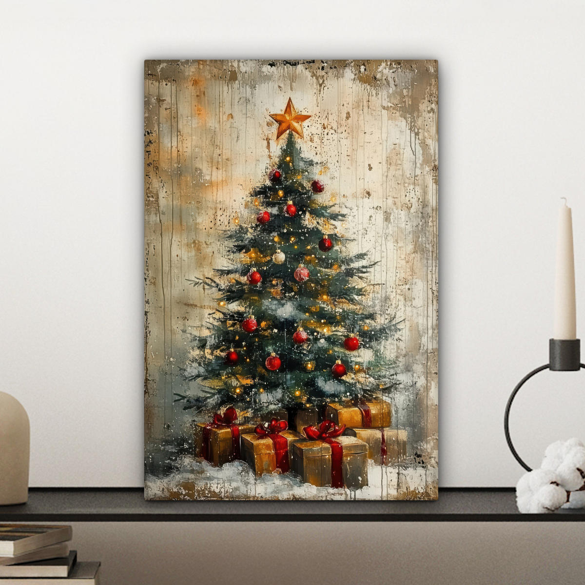 LEINWANDBILD Weihnachtsbaum - Vintage - Weihnachten - Geschenk 20x30 cm - Rostfarben, Textil (20/30cm) - MuchoWow