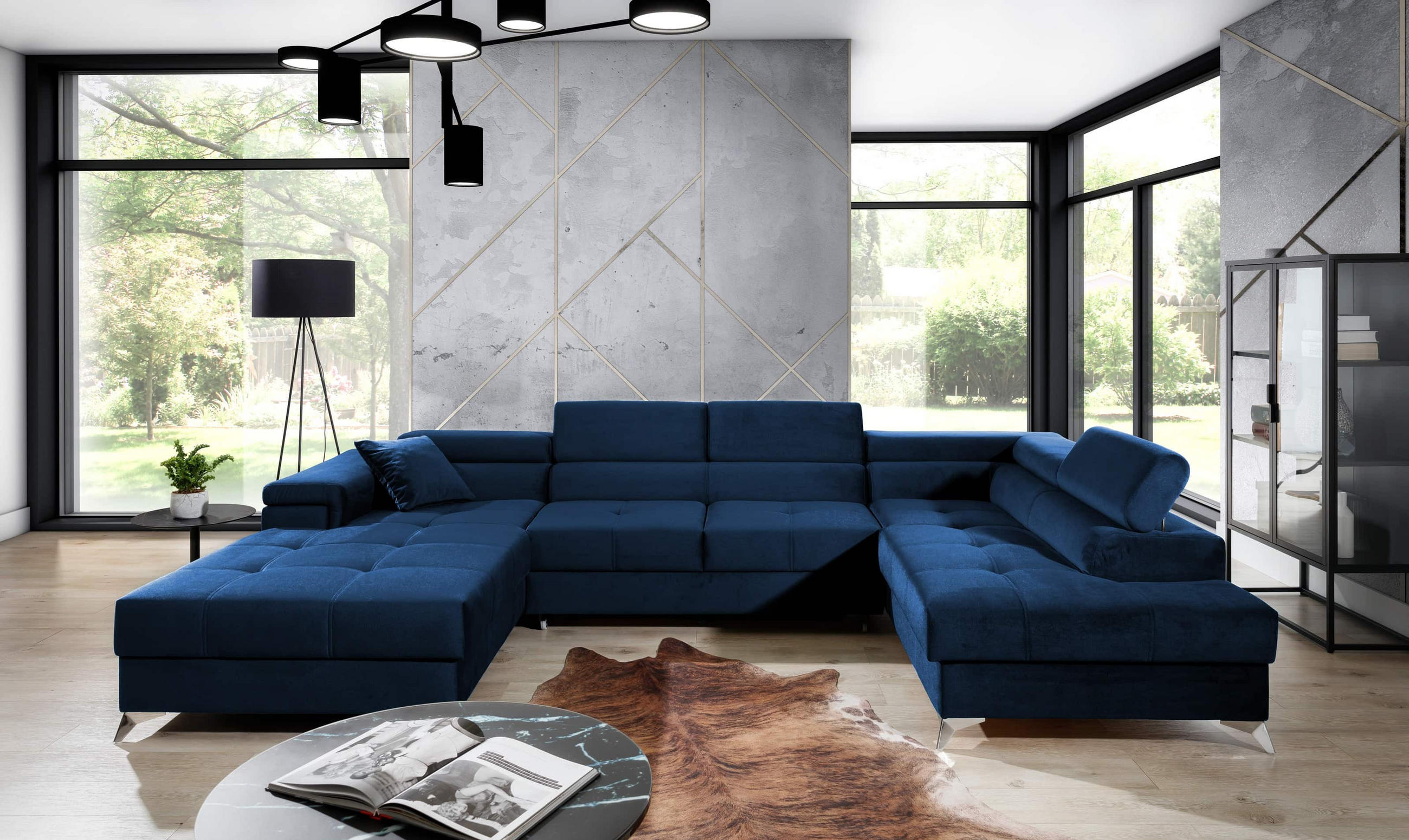 WOHNLANDSCHAFT mit Schlaffunktion und Bettkasten, Kronos-Stoff - Chromfarben/Dunkelblau, Textil/Metall (202/90/345cm) - Eltap