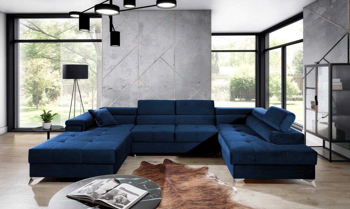 WOHNLANDSCHAFT mit Schlaffunktion und Bettkasten, Kronos-Stoff - Chromfarben/Dunkelblau, Textil/Metall (202/90/345cm) - Eltap