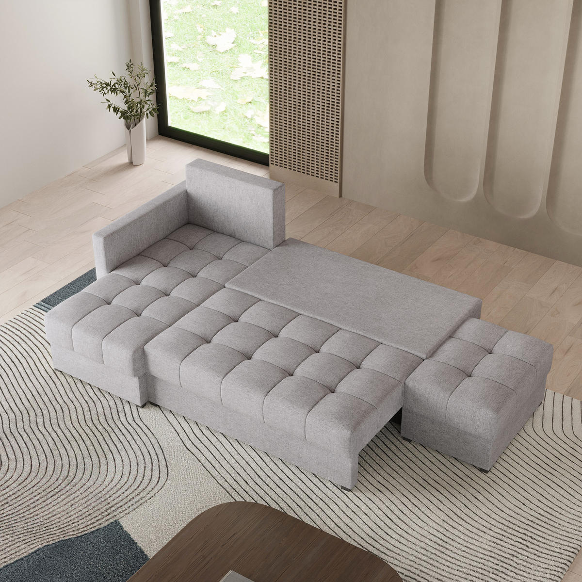 ECKSOFA LUMARI L-S Blau Plüsch-Stoff mit Schlaffunktion - Blau, Holz (262/143cm) - MASSENO