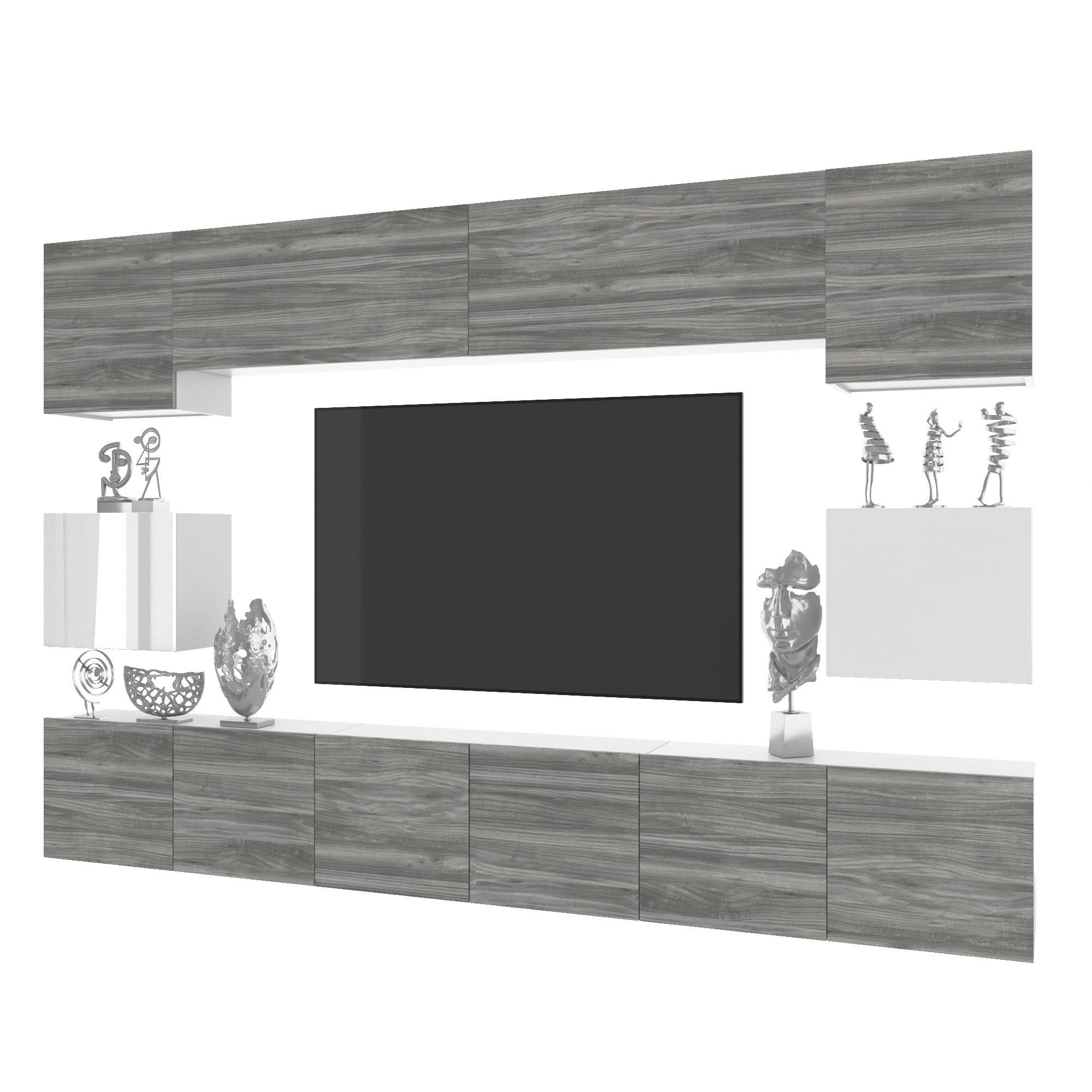 WOHNWAND Milano 3, Grau Matt/Weiß Hochglanz, 300 cm, Grifflos - Grau, Holz (300/60/36cm) - B BELINI GROUP