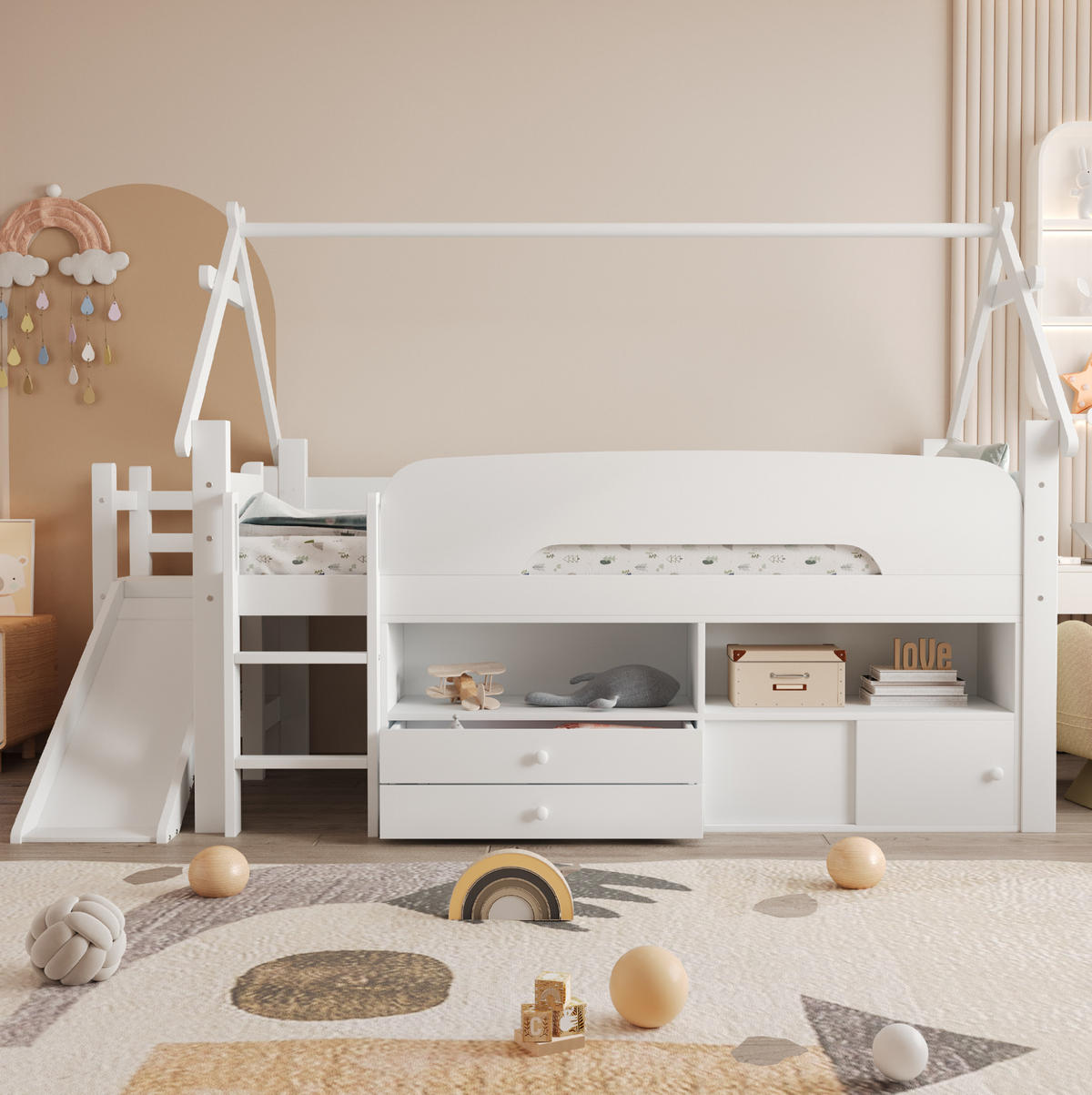 KINDERBETT 90/200 cm weiß aus Massivholz und MDF mit Rutsche und Stauraum - Weiß, Holzwerkstoff (90/200cm) - OKWISH