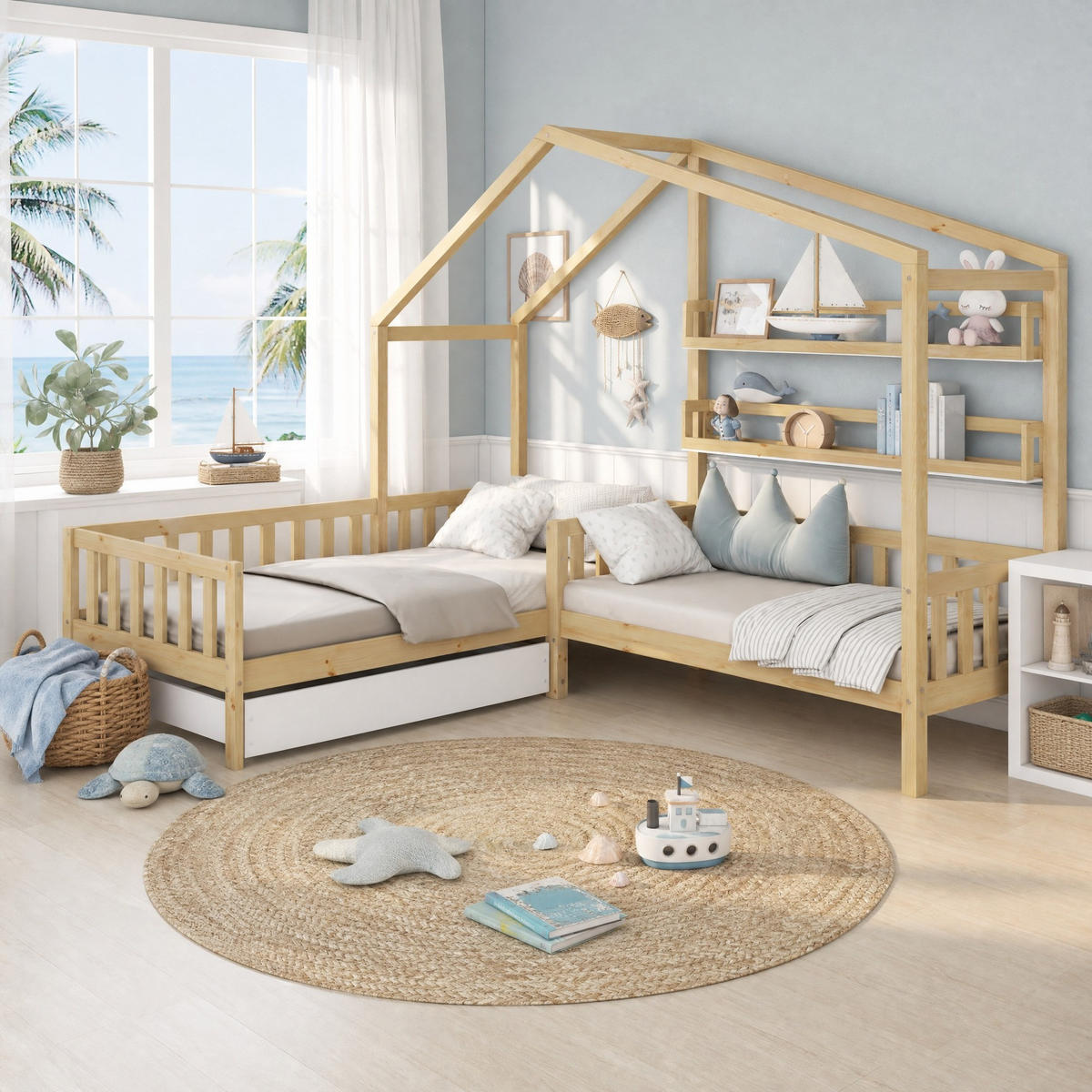 KINDERBETT 90/200+140/70 mit Schublade, Regalen und Lattenrost in Natur - Naturfarben, Holzwerkstoff (90/200cm) - EVRYAE