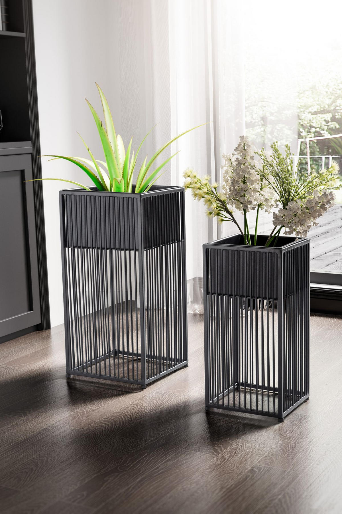 PFLANZKÜBEL 2er Set Metall Schwarz mit Gestell quadratisch - Schwarz, Metall (22/50cm) - KADIMA DESIGN