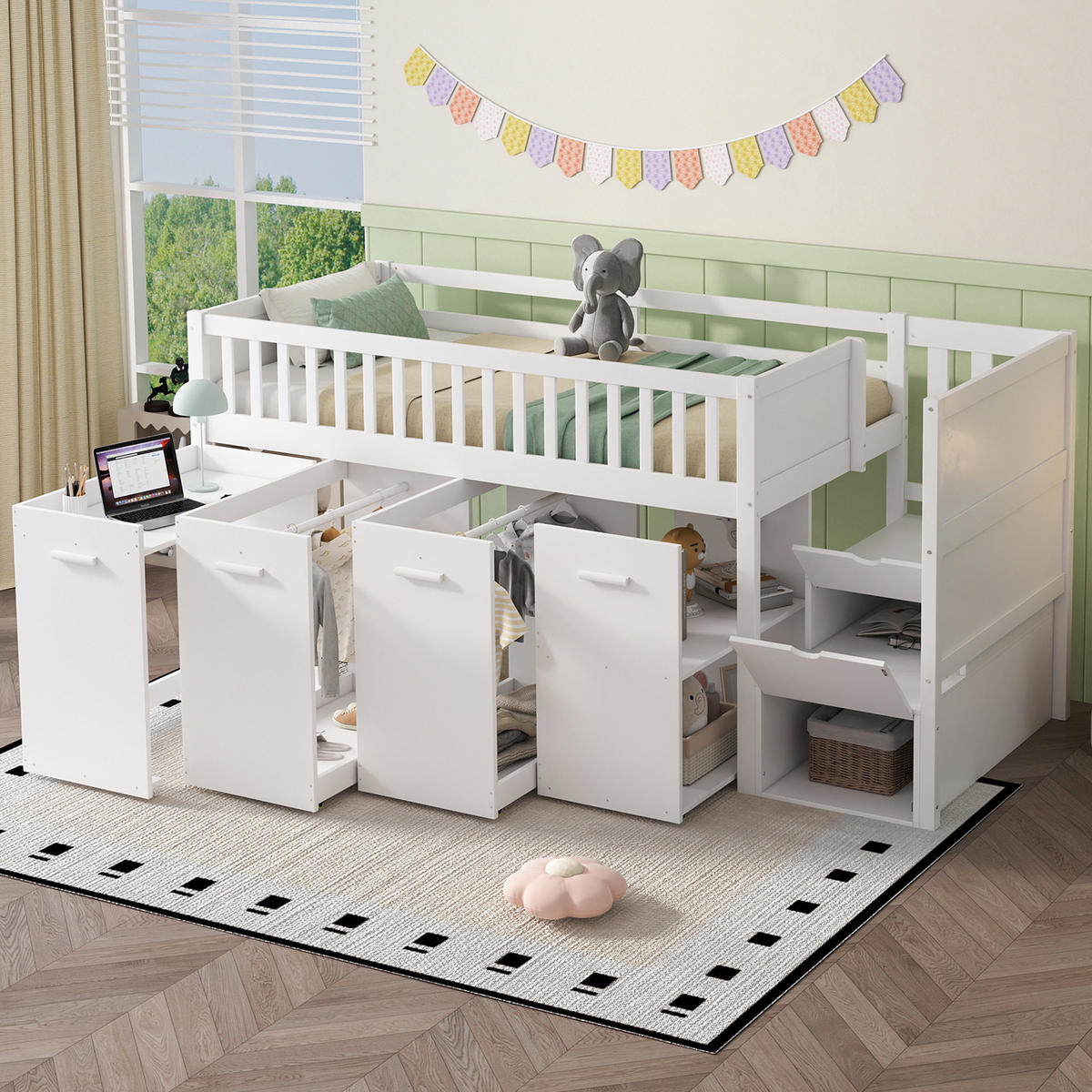 ETAGENBETT 90/200 cm in Weiß mit Schreibtisch, 3 Schränken und Stauraumtreppe - Weiß, Holz/Holzwerkstoff (90/200cm) - CHICFURN