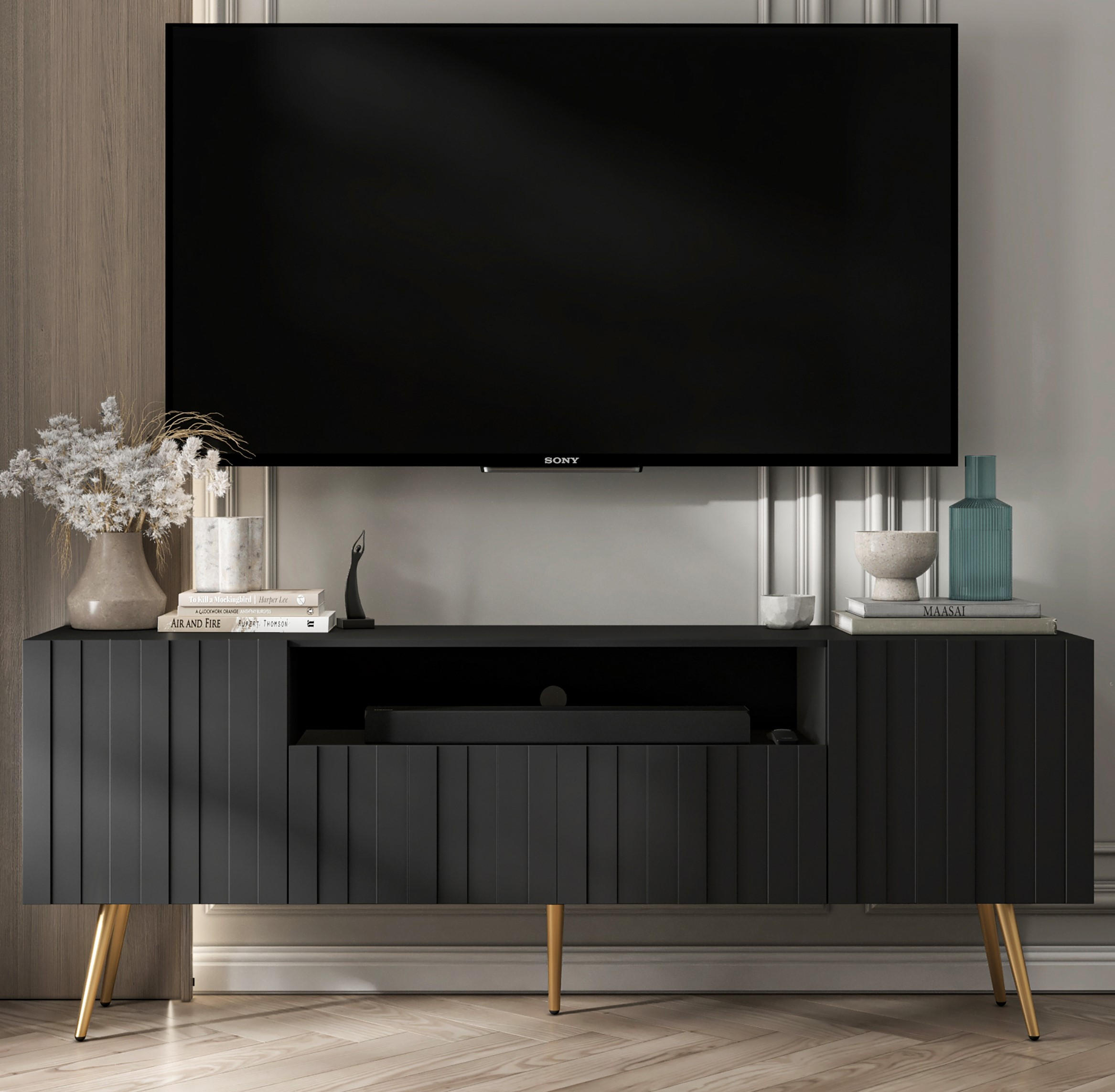 TV-SCHRANK Elpis2 Schwarz Matt mit goldenen Metallbeine Glamour 150 cm - Goldfarben/Schwarz, Holzwerkstoff/Metall (150/60.5/36.5cm) - Meble Lindner
