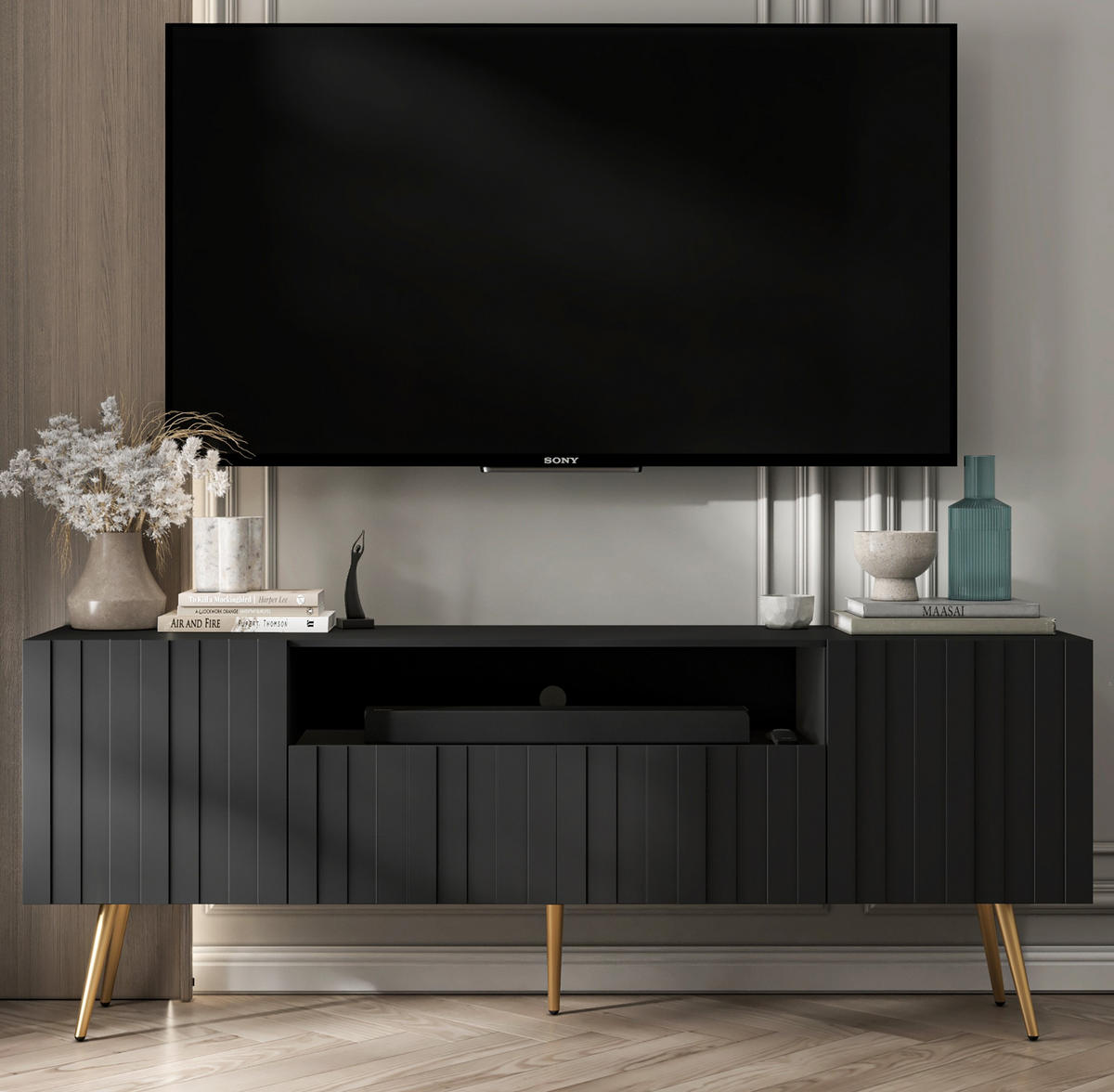TV-SCHRANK Elpis2 Schwarz Matt mit goldenen Metallbeine Glamour 150 cm - Goldfarben/Schwarz, Holzwerkstoff/Metall (150/60.5/36.5cm) - Meble Lindner