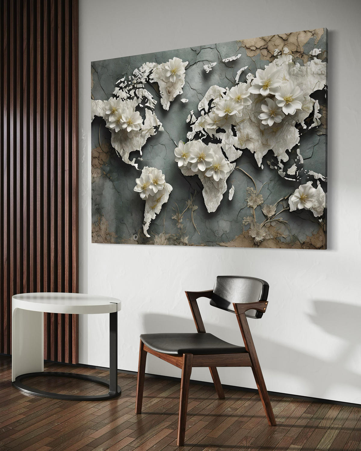 WANDBILD weltkarte blumen retro - Weiß, Textil (60/40cm) - Feeby