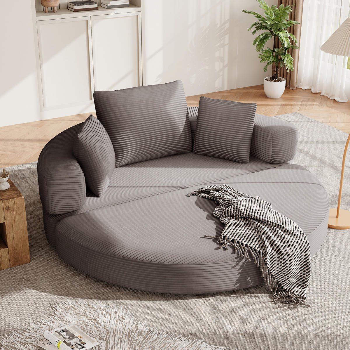 SOFABETT 2-in-1 oval 173x176 cm Cordstoff Brown Gray - Braun, Kunststoff (176/40/173cm) - Meubliv