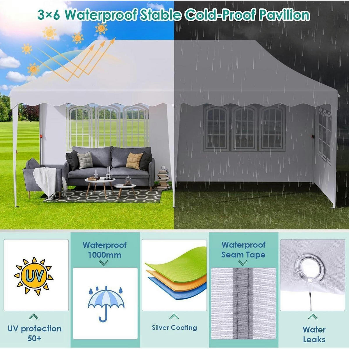 FALTPAVILLON 3x6 m Weiß Wasserdicht mit 6 Seitenwänden - Weiß, Textil (300/310/600cm)