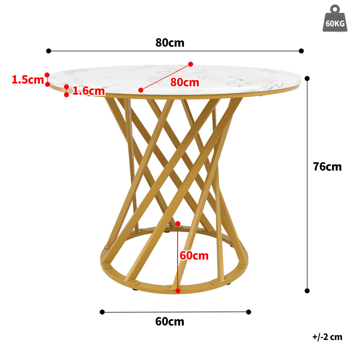 ESSTISCH 80/76/80 cm Weiß aus MDF und Metall mit verstellbaren Füßen - Goldfarben, Holzwerkstoff (80/80/76cm) - OKMYHOME