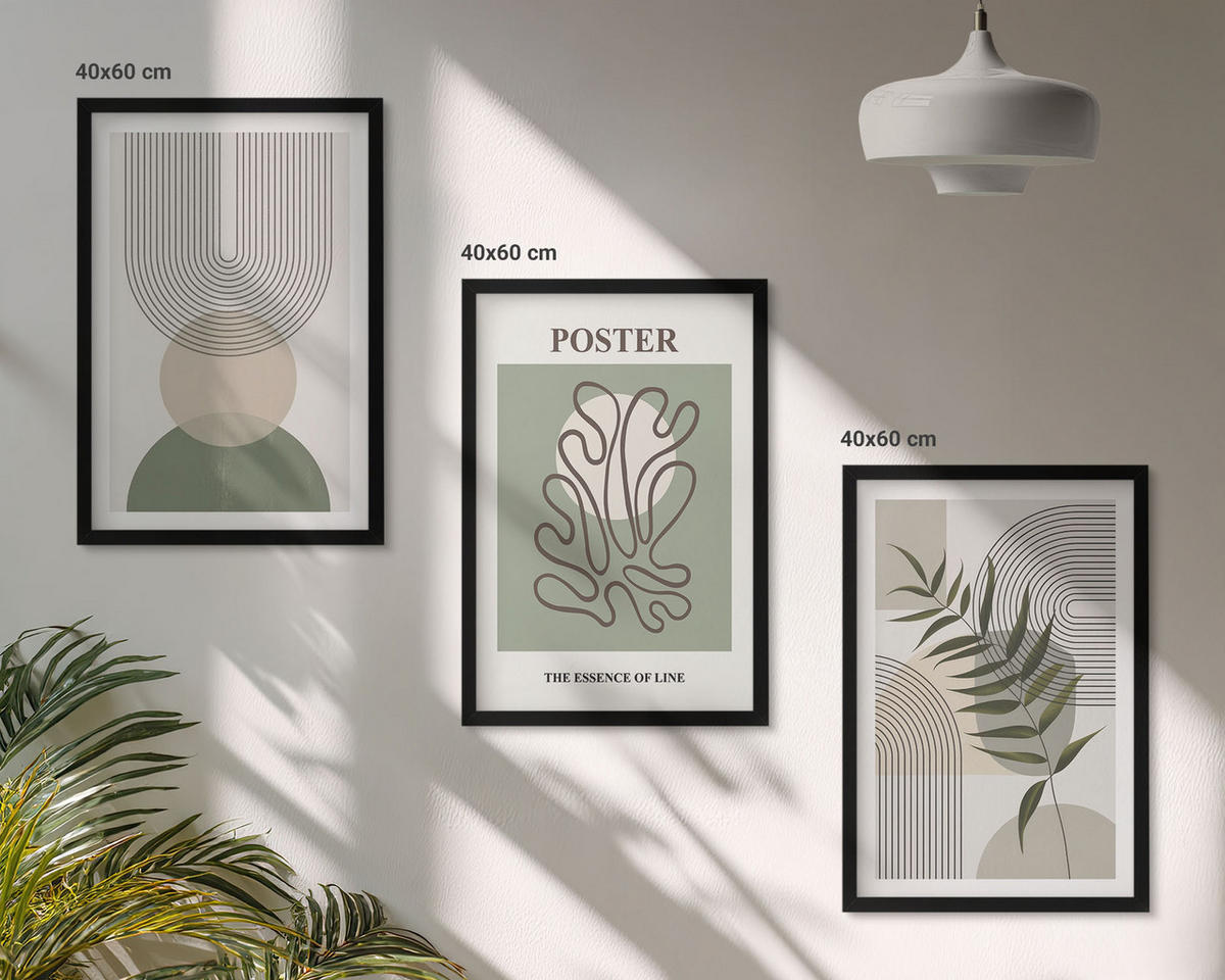 BILDER SET 3er Set - 40x60 cm Schwarzer Rahmen - Geometrische botanische Muster - Schwarz, Kunststoff (40/60cm) - TULUP
