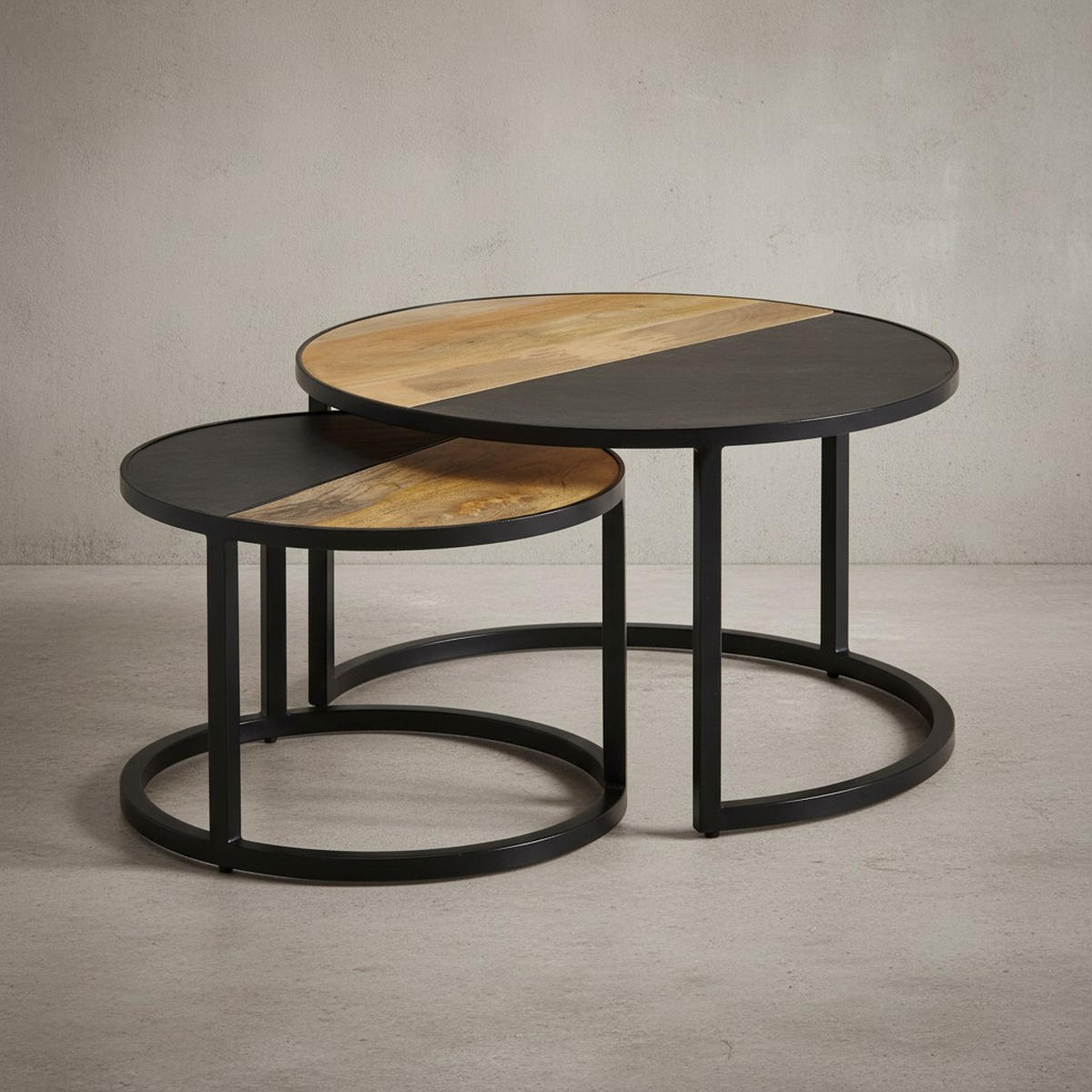 COUCHTISCH Set – Rund Mango Massivholz Steinoptik 2-teilig modern - Schwarz, Holz/Metall (60/60/36cm) - KADIMA DESIGN