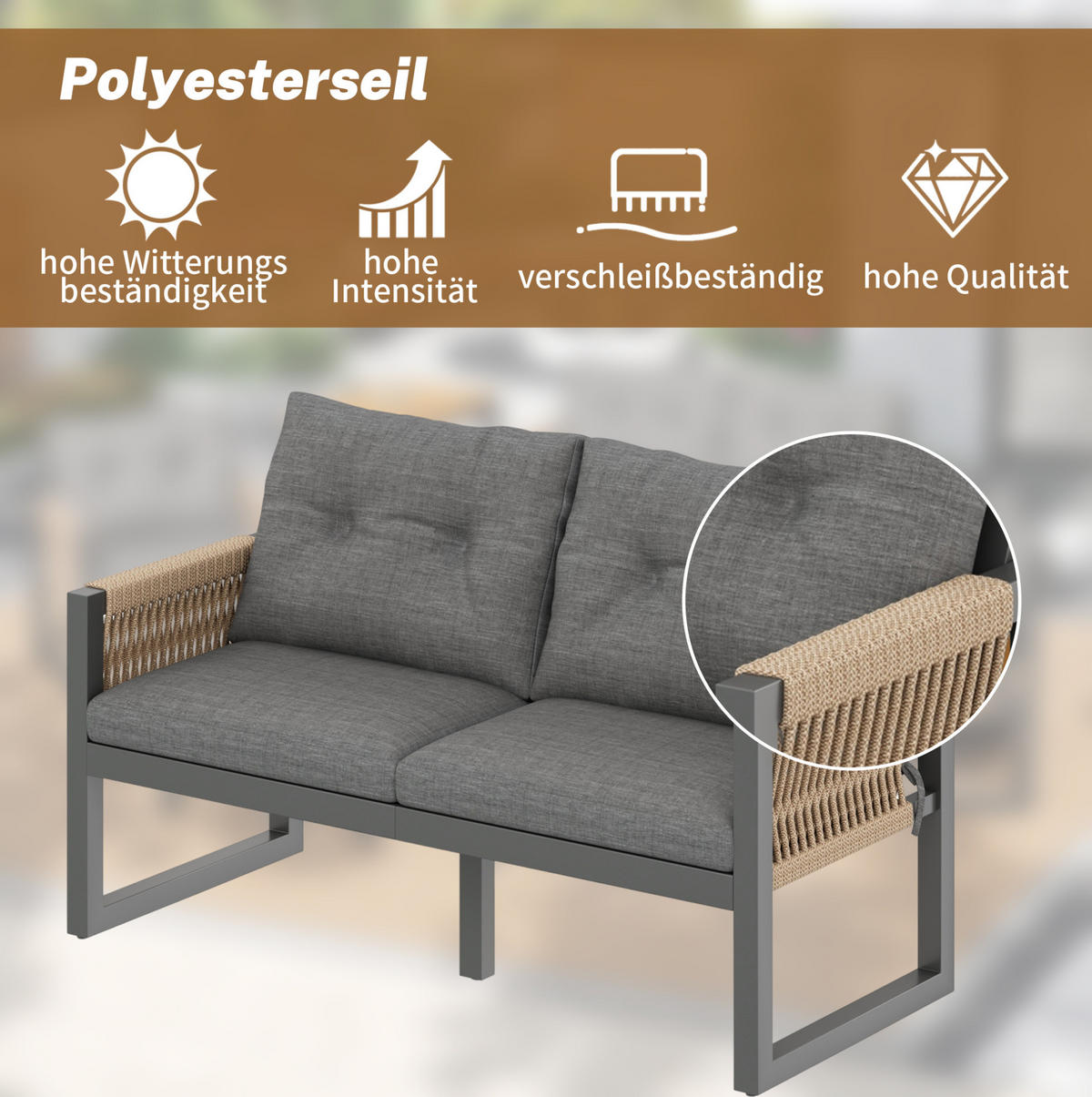 LOUNGEGARNITUR 150/79,5/75 cm Grau/Natur aus Eisen mit abnehmbarem Tisch 6er Set - Grau, Metall - OKMYHOME