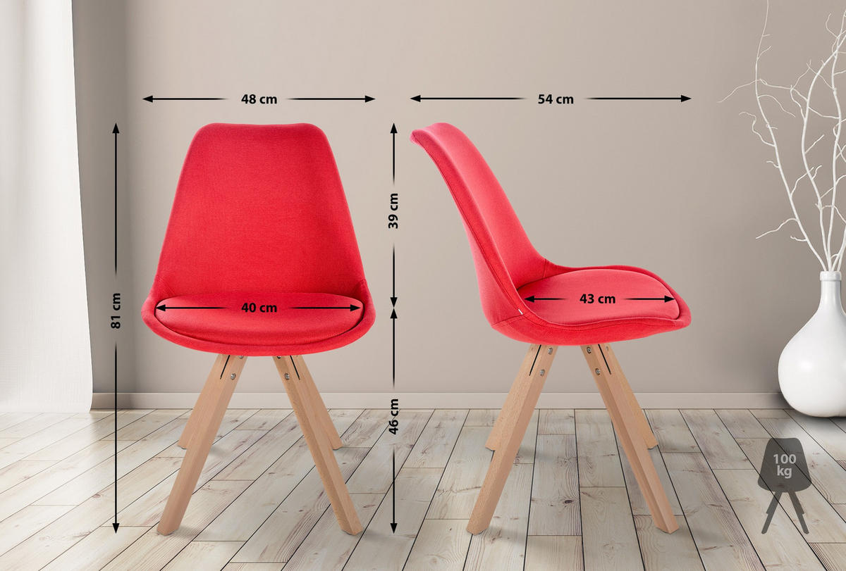 STUHL 4er Set Stoff rot - Rot/Naturfarben, Holz/Textil (48/81/54cm) - CLP