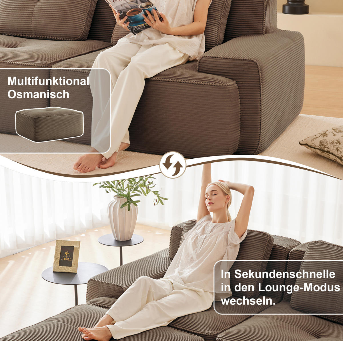 MODULÁRNÍ pohovka z manšestru 204x177x69 cm hnědá s hlubokým sedem, bez montáže a s variabilním uspořádáním - hnědá, textil (177/69/204cm) - Modfu