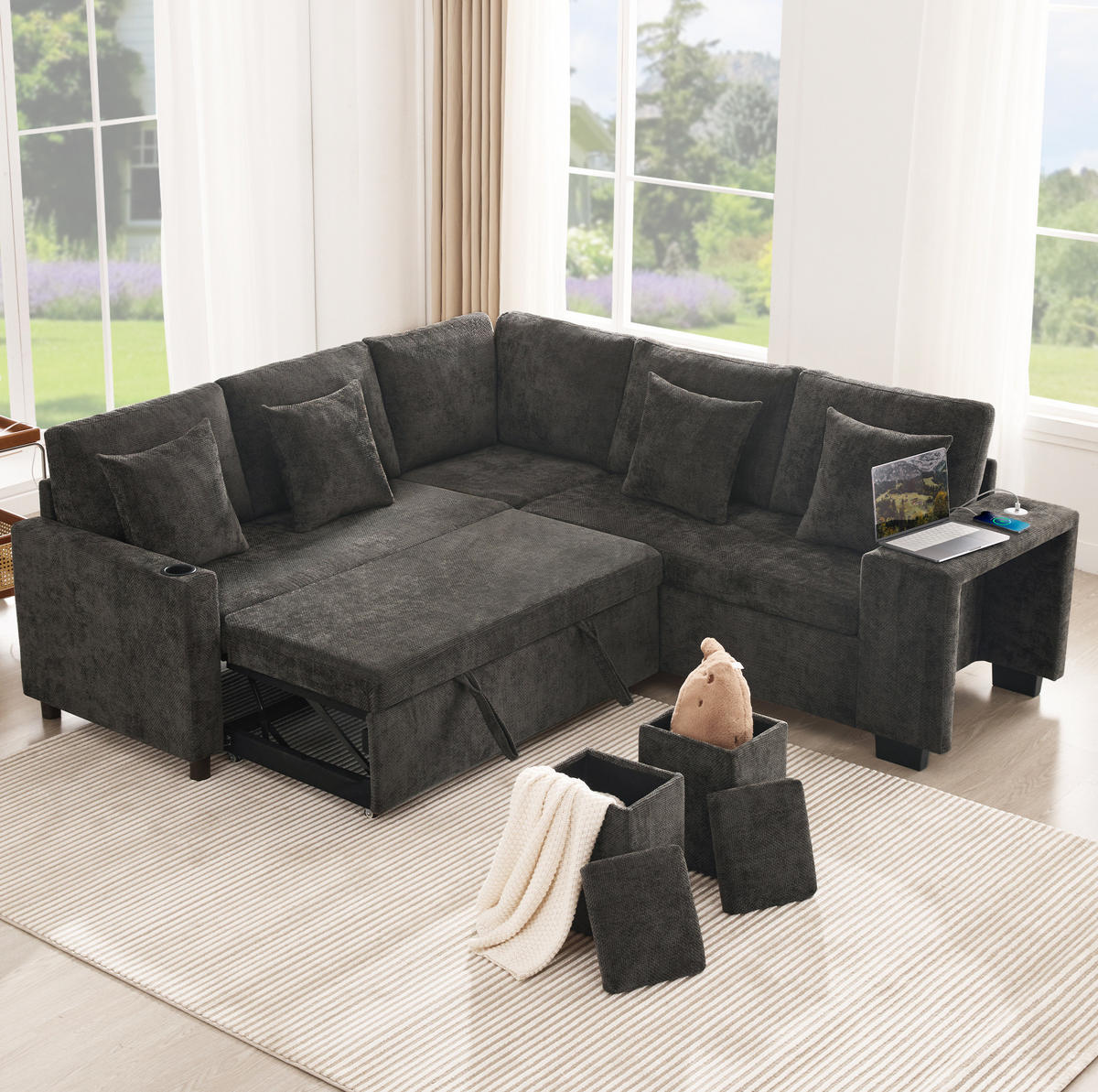 ECKSOFA 220/205/86,5 cm mit Schlaffunktion, Stauraum, USB- und USB-C-Anschluss, Chenille, Grau - Grau, Textil (220/205cm) - Redom