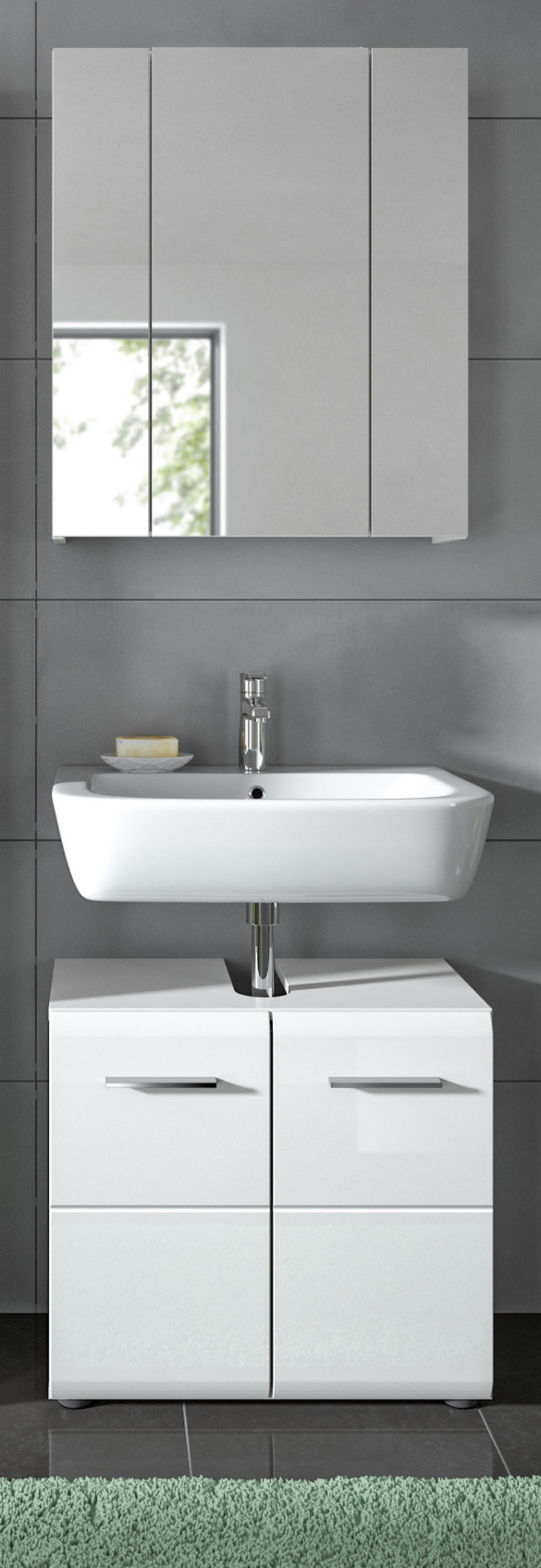 BADMÖBEL-SET weiß Hochglanz 2-teilig, Badkombination 60 cm - Weiß Hochglanz/Silberfarben, Glas/Holzwerkstoff (60/185/30cm) - Inn.Furn