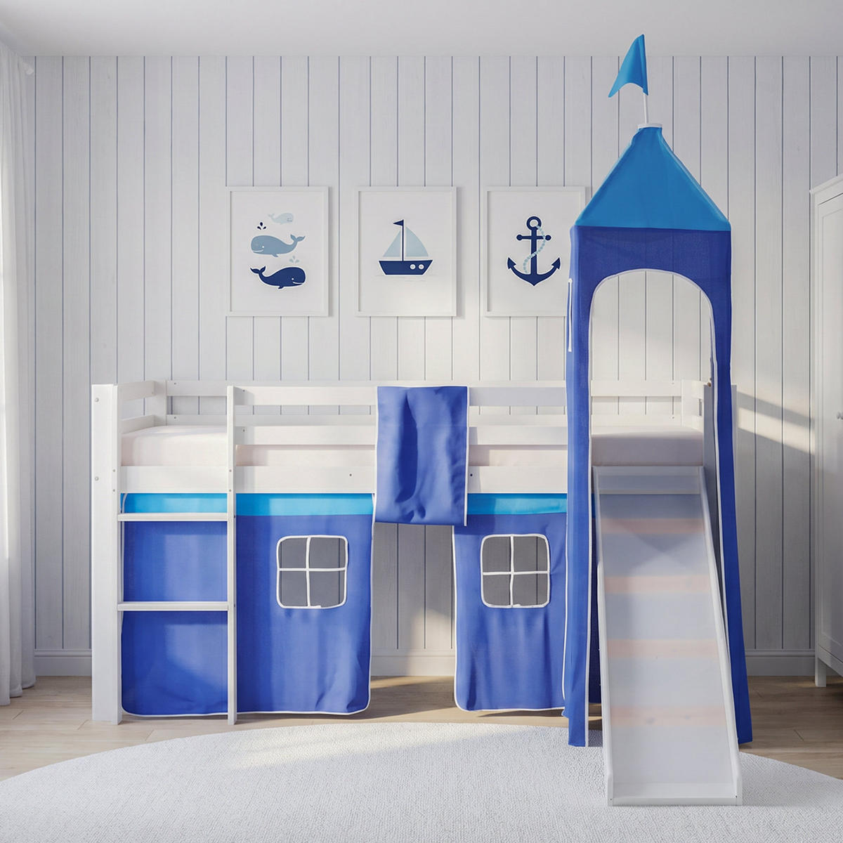 HOCHBETT mit Rutsche Turm 90/200 cm Blau - Blau/Weiß, Holz - Homestyle4u