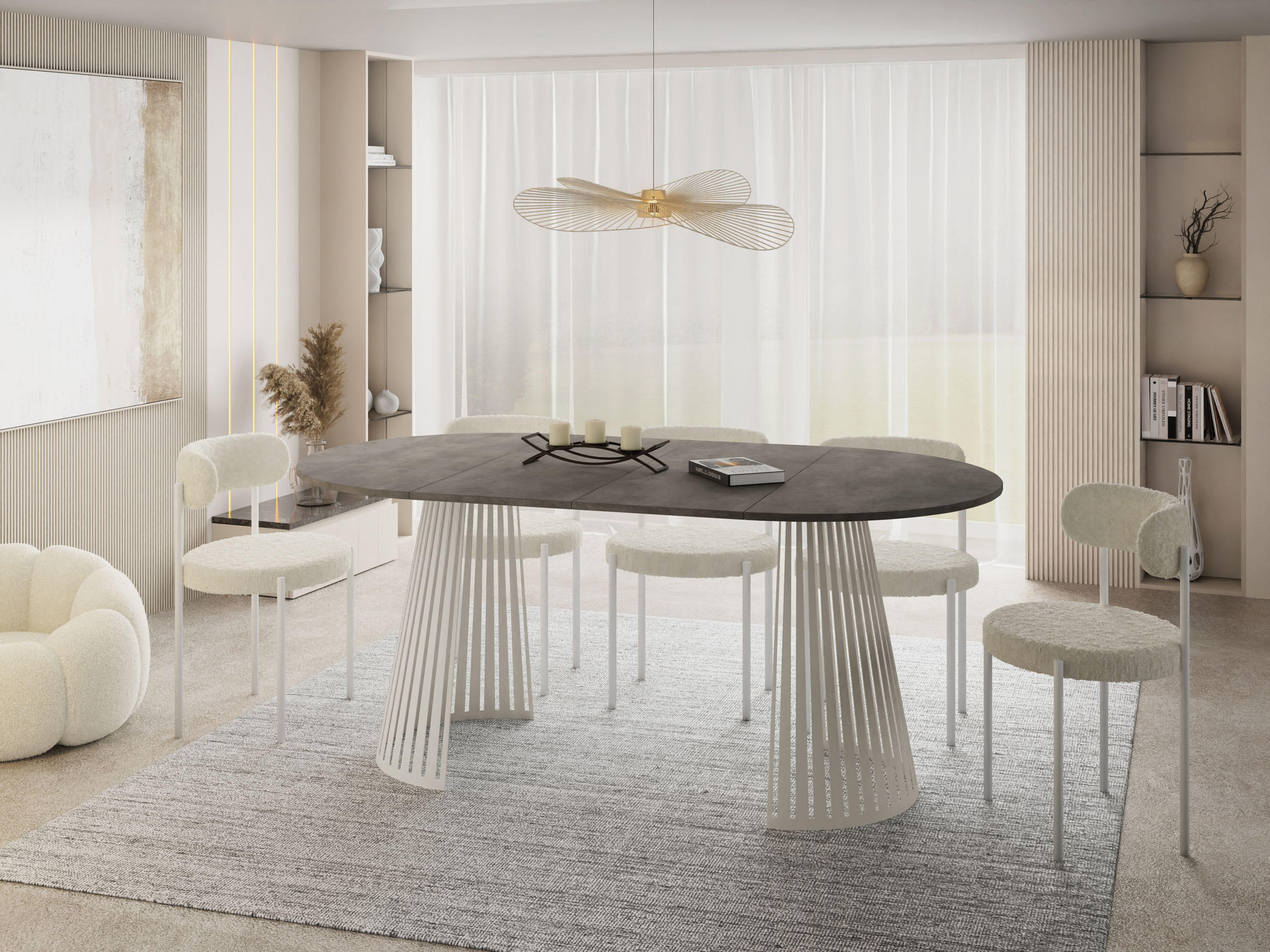 ESSTISCH Naro rund ausziehbar mit Lamellen-Metallgestell in Beige Kaschmir, Beton-Optik Dunkelgrau 120-200/120/76 cm - Kaschmir/Dunkelgrau, Holzwerkstoff/Metall (120/120/76cm) - WFL GROUP