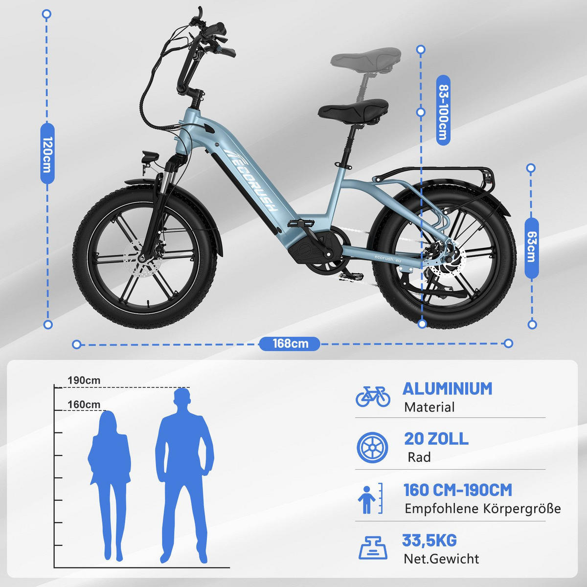 E-BIKE Mountain R6 20*4,0 Zoll, 7 Gang, Aluminiumrahmen, bis zu 120km - Blau, Metall (31cm) - ECORUSH