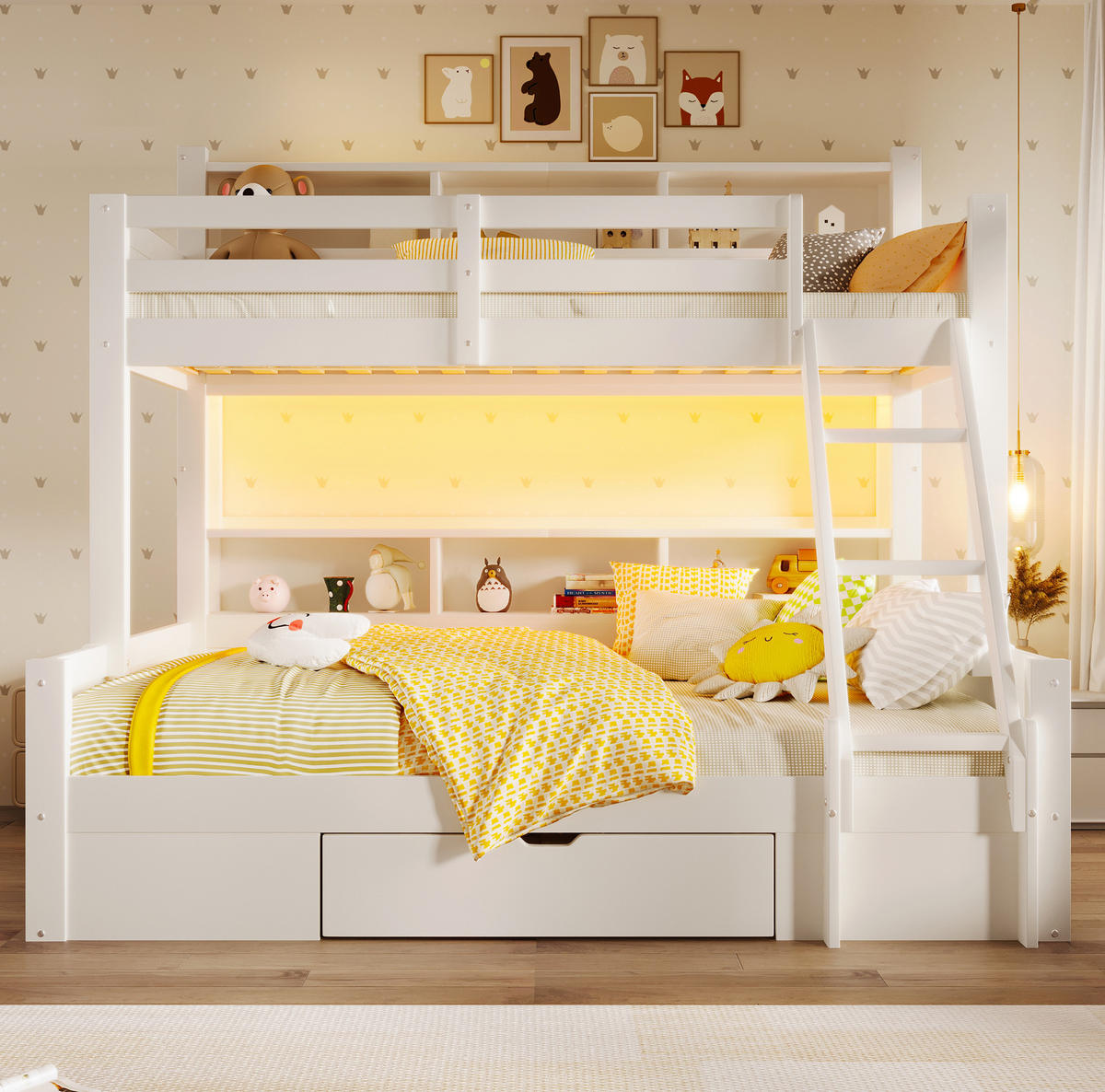 ETAGENBETT 90/200 + 140/200 cm in Weiß mit LED-Beleuchtung und Stauraum - Weiß, Holz (90/200cm) - Flora Grace