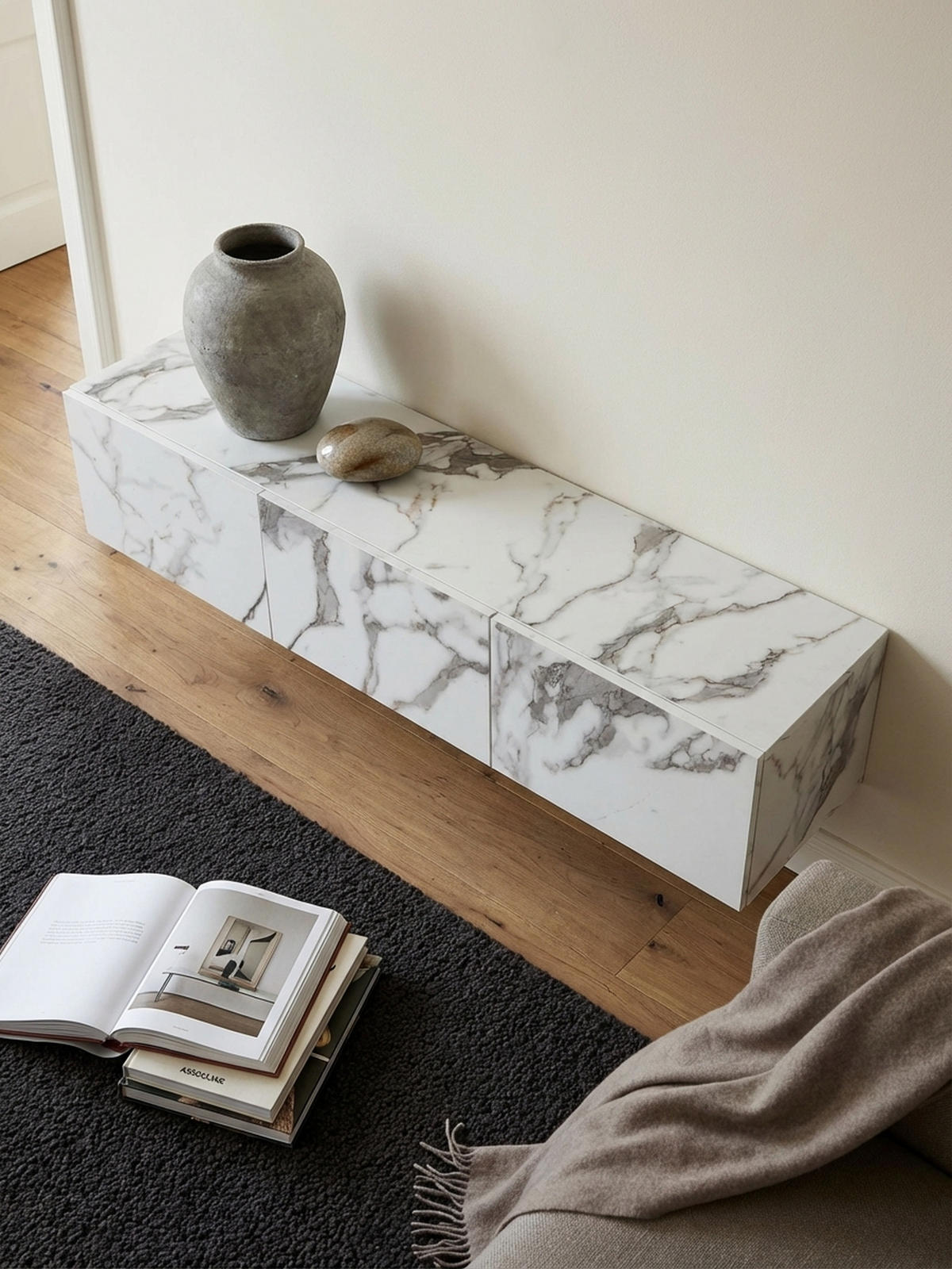 TV-LOWBOARD hängend groß, Marmor-Optik, Klapptüren, modern, Weiß 160x30x30 cm - Weiß, Metall (160/30/30cm) - KADIMA DESIGN