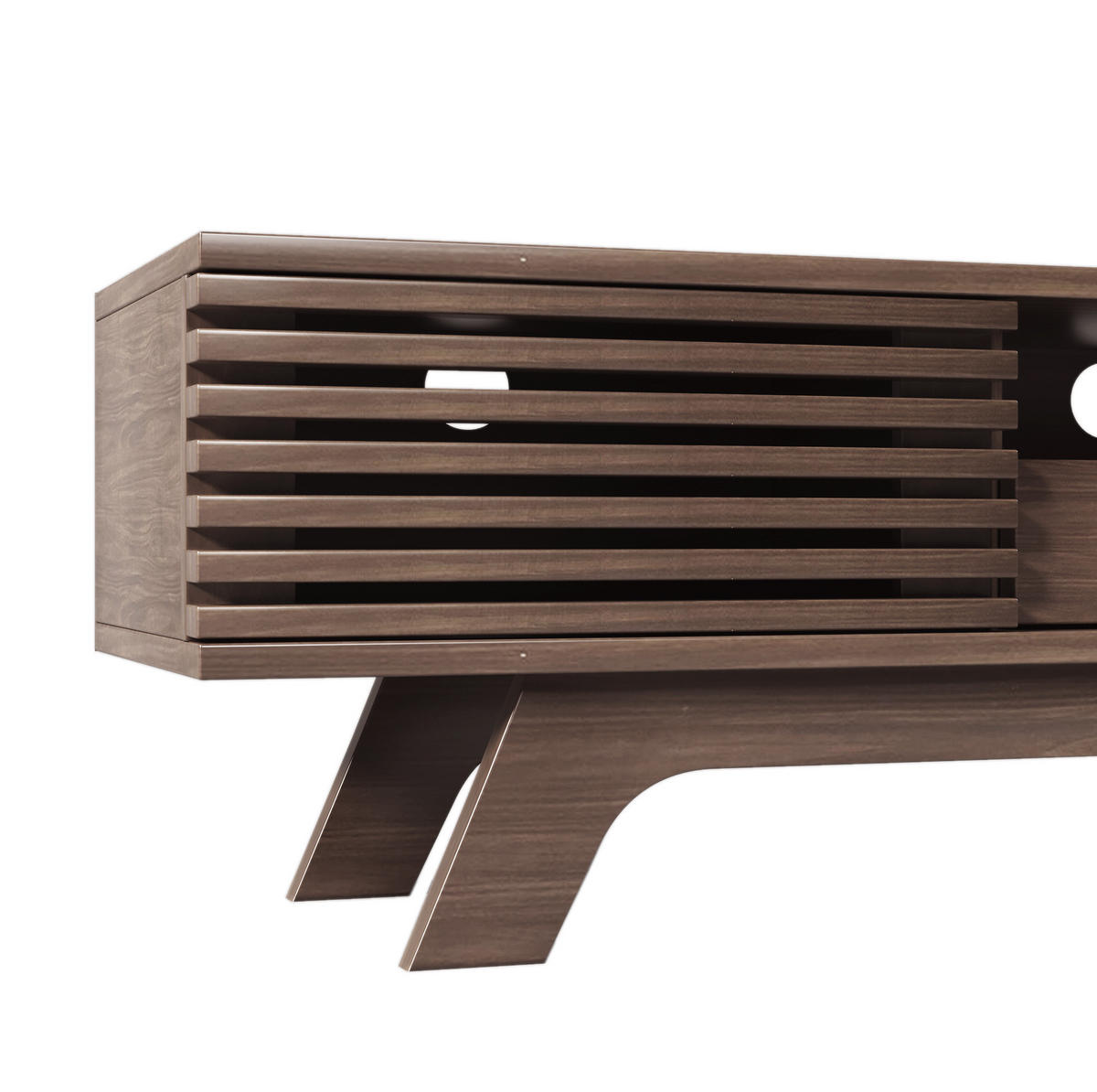 TV stolek 172/38/45,5 cm s vertikální 3D strukturou, oválnou vitrínou a vícezónovým úložným prostorem, Natural - světle hnědá, kompozitní dřevo (172/45.5/38cm) - Redom