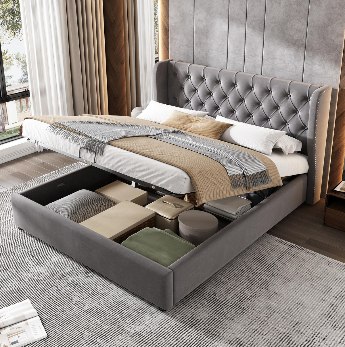 SAMT-POLSTERBETT 140/200 cm mit Bettkasten, Lattenrost und gepolstertem Kopfteil - Grau, Textil (140/200cm) - BEAOK