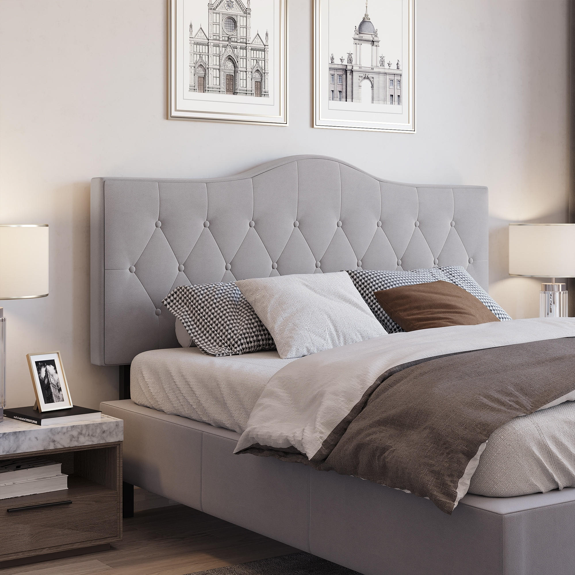 KOPFTEIL für Bett, grau Pappel, Samt, Stoff, 185 x 8 x 134 cm - Grau, Metall (8/134/185cm) - HOMCOM