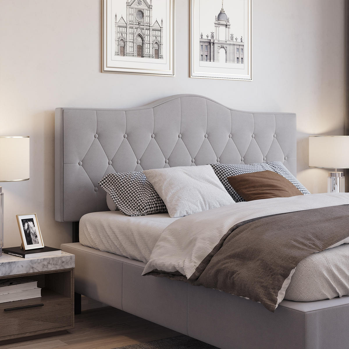 KOPFTEIL für Bett, grau Pappel, Samt, Stoff, 185 x 8 x 134 cm - Grau, Metall (8/134/185cm) - HOMCOM
