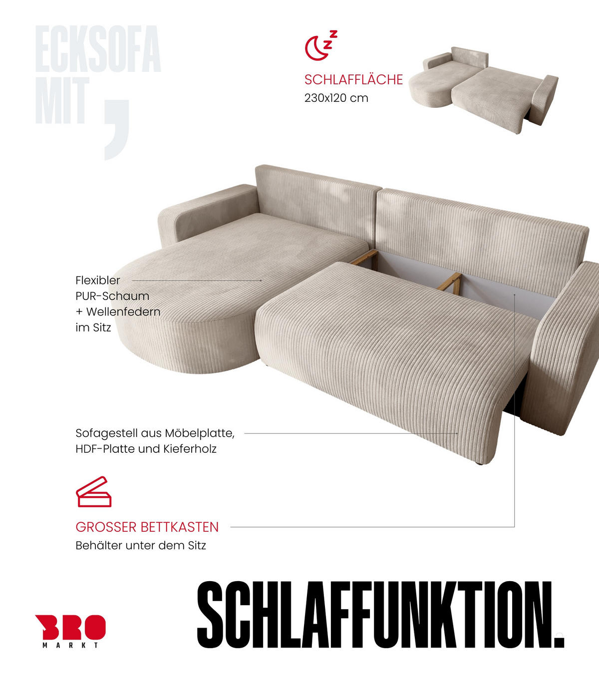 ECKSOFA Bisk mit Schlaffunktion Schwarz Cordstoff - Schwarz, Textil (275/170cm) - Bromarkt