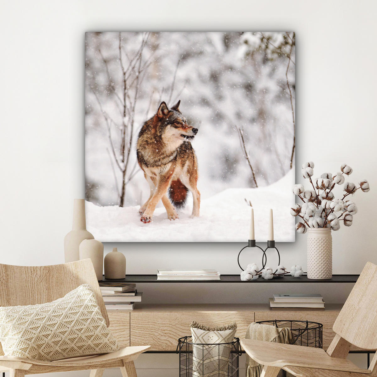 LEINWANDBILD Wolf - Winter - Schnee - Natur - Tiere Deko Groß 90x90 cm - Haselnussfarben, Textil (90/90cm) - MuchoWow