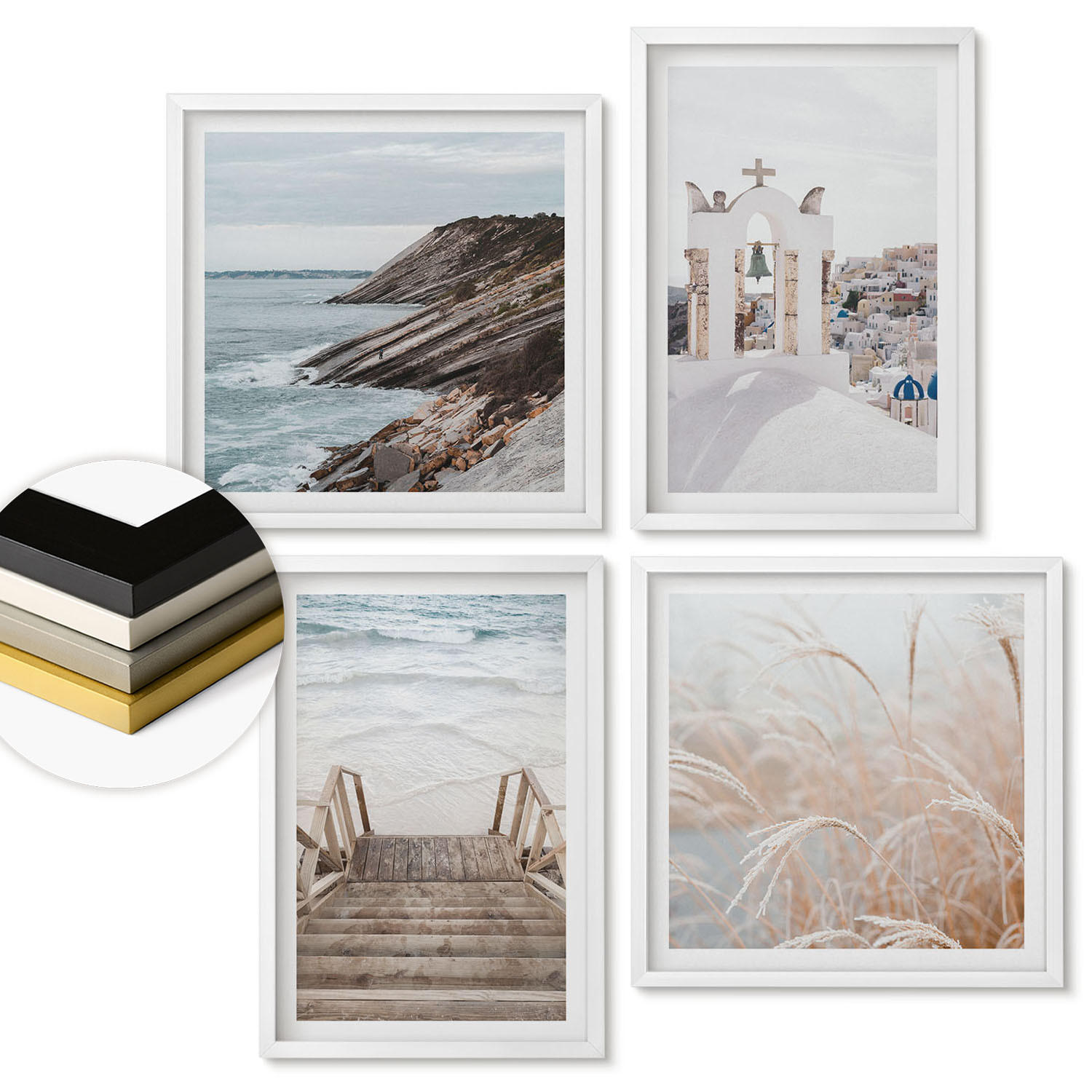 WANDBILDER 4er-Set - 50x50 cm & 40x60 cm Weißer Rahmen - Meeresarchitektur Santorin - Weiß, Kunststoff (50/50cm) - ArtPrintCave
