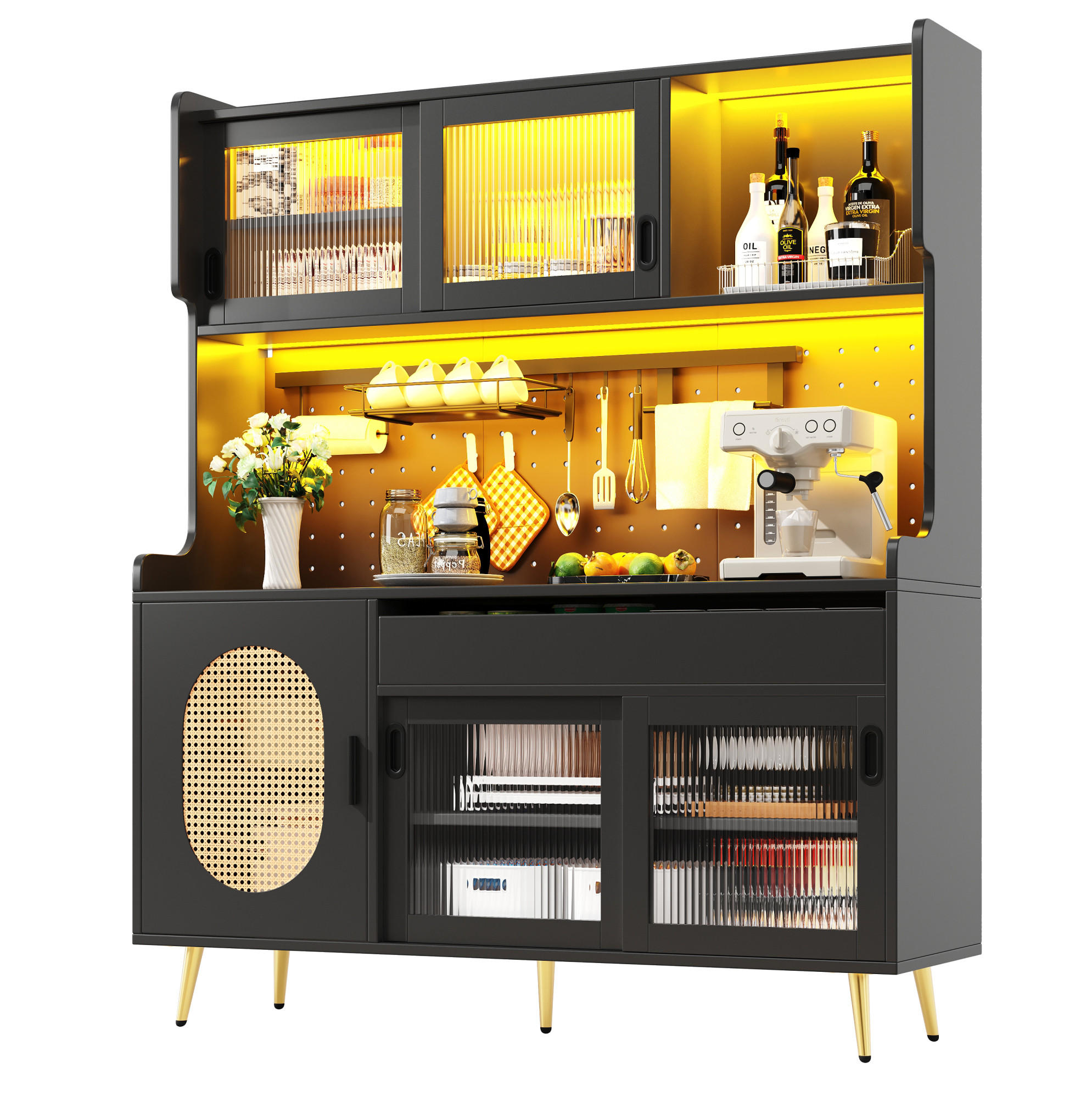 BUFFETSCHRANK 145/39/171 cm mit LED-Lichtleiste, Lochplatte und viel Stauraum aus MDF, Schwarz - Schwarz, Holzwerkstoff (145/171/39cm) - Redom