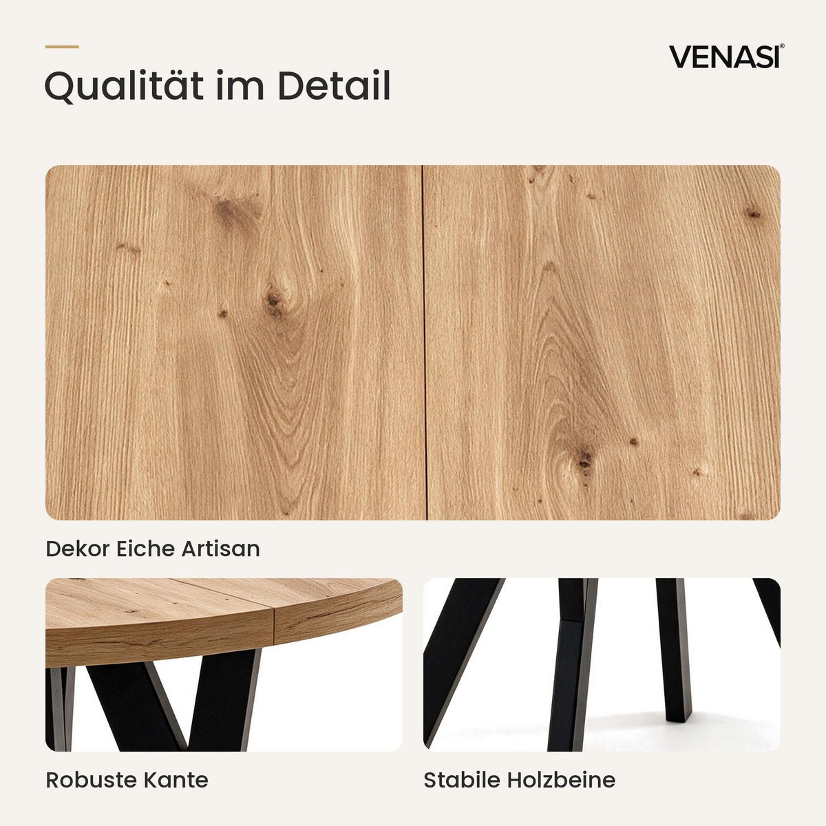 ESSTISCH ausziehbar rund 90-190 cm ATO Aristan, Auszugstisch mit Einlegeplatte - Dunkelbraun/Schwarz, Holzwerkstoff (90/90/77cm) - VENASI MÖBEL