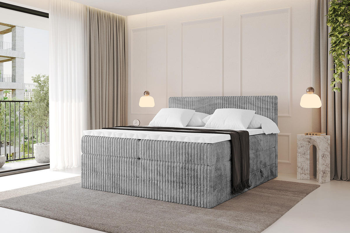 BOXSPRINGBETT mit Matratze H3|H4 und Lattenrost - TOLO KING 180x200 Cord - Hellgrau - Hellgrau, Holzwerkstoff (180/200cm) - ALTDECOR