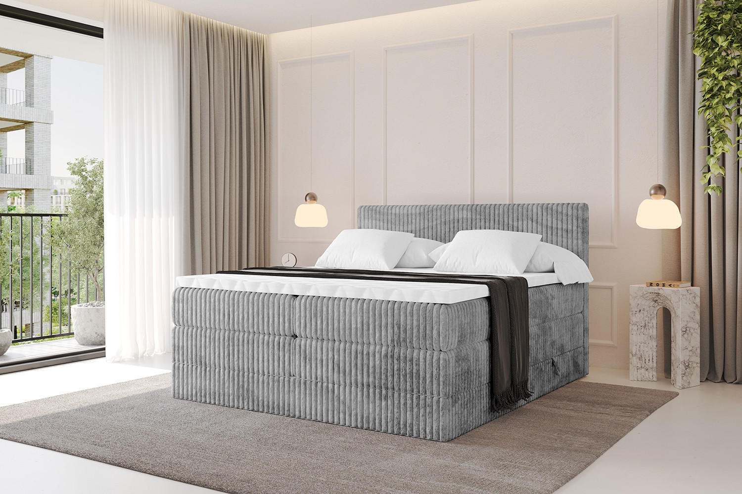 Thumbnail - Altdecor Boxspringbett, Hellgrau, Holzwerkstoff, H3 + H4, Höhe ca. 38 cm, 160x200 cm, Schlafzimmer, Betten, Boxspringbet...