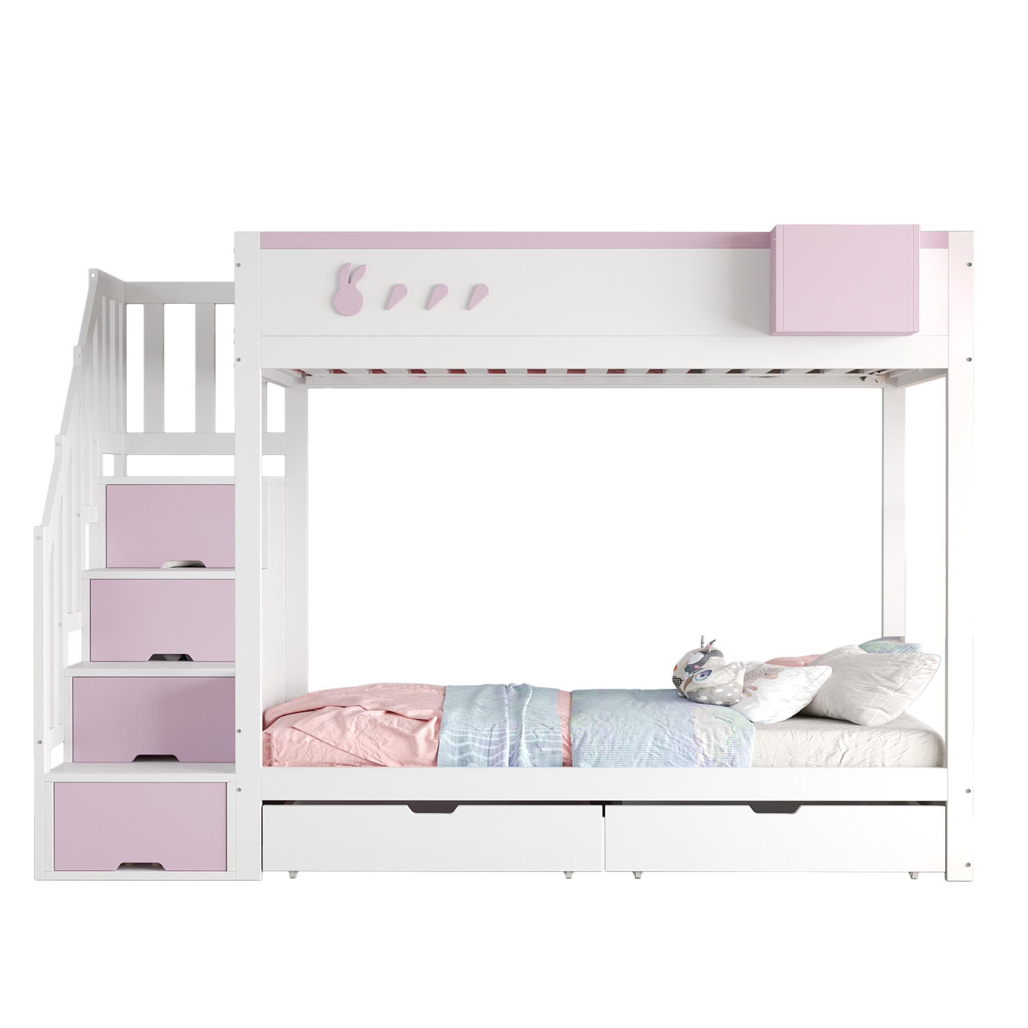 ETAGENBETT 90/200 cm mit Kaninchen und Karottenmotiven und abnehmbarem Ablagefach - Weiß, Holz (90/200cm) - OKWISH