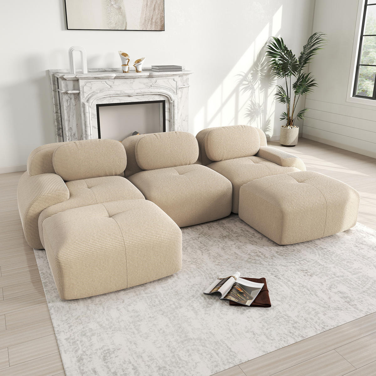 WOHNLANDSCHAFT Cord Beige rutschfest und montagefrei - Beige, Textil (298/75/178cm) - WISHDOR