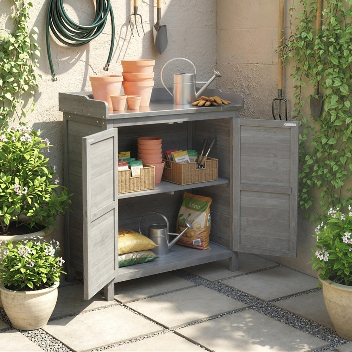 GARTENSCHRANK aus Metall & Holz 40x83x92cm in Grau mit Pflanztisch - Grau, Holz (40/92/83cm) - Modfu
