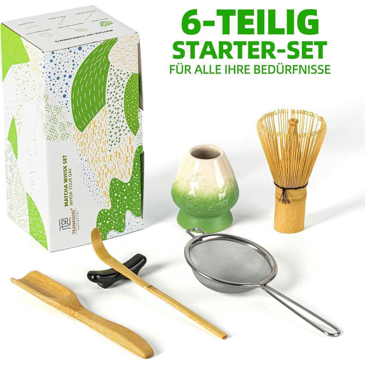 MATCHA Schneebesen Set 6-teilig Bambus mit Halter - Multicolor, Naturmaterialien (6.9/6.9/19.1cm)